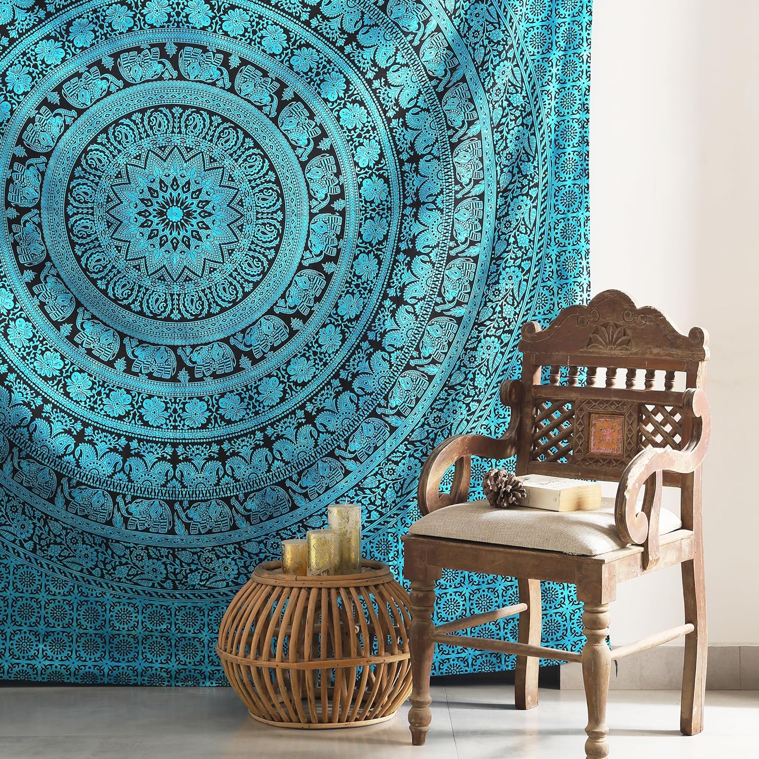 Popular Handicrafts Queen Mandala Hippie Tie dye Psychedelic Elephant Tapestry Wall Hanging - Indian Maditation Gypsy Bohemian Hippy Dorm Room Decor Tarqouise 81x88 Inch