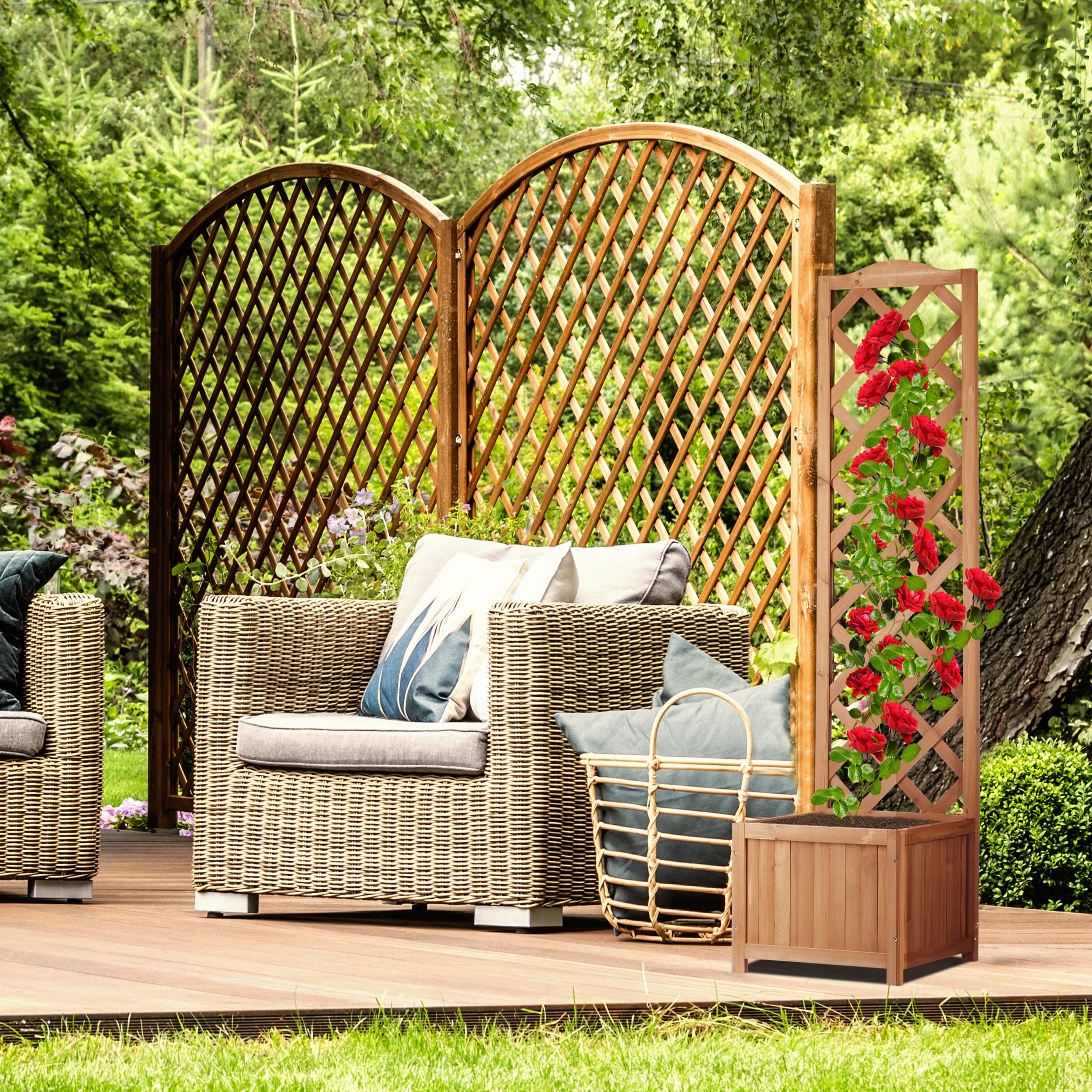 Relaxdays Jardinière avec treillis bac à fleurs treillage bois jardin pot plantes résistant 25 litres 150 cm, nature