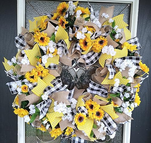Miniatura 2 de Black & Yellow Farmhouse Sunflower Wreath, Decor, Fall, Spring, Summer, Front Door, Burlap Wedding Farmhouse Decor, French Country Decor
