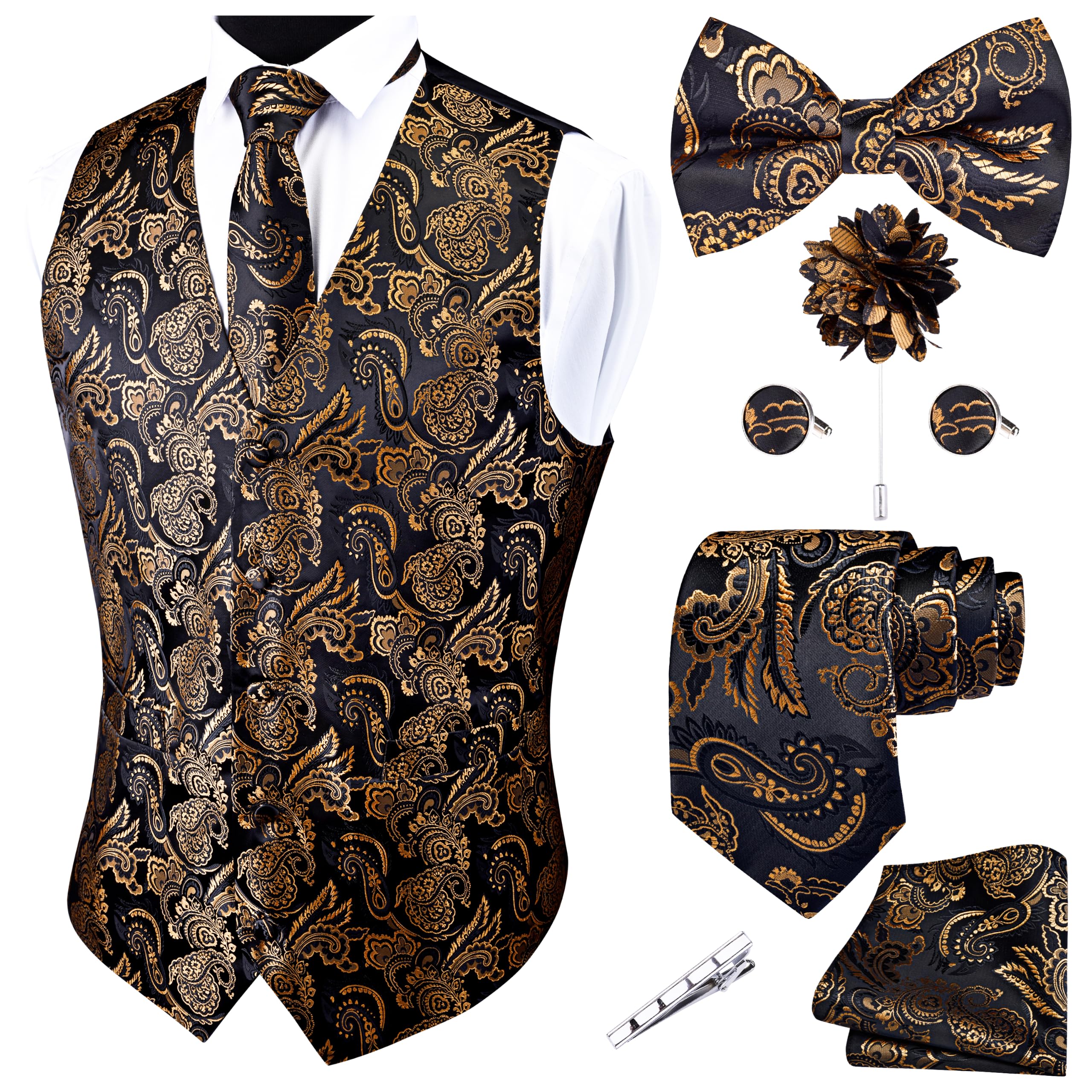 GUSLESON Formal Men Vest Paisley Floral Jacquard Tie Waistcoat Bow tie Hanky Lapel Pin Cufflinks Set Wedding 7PCS