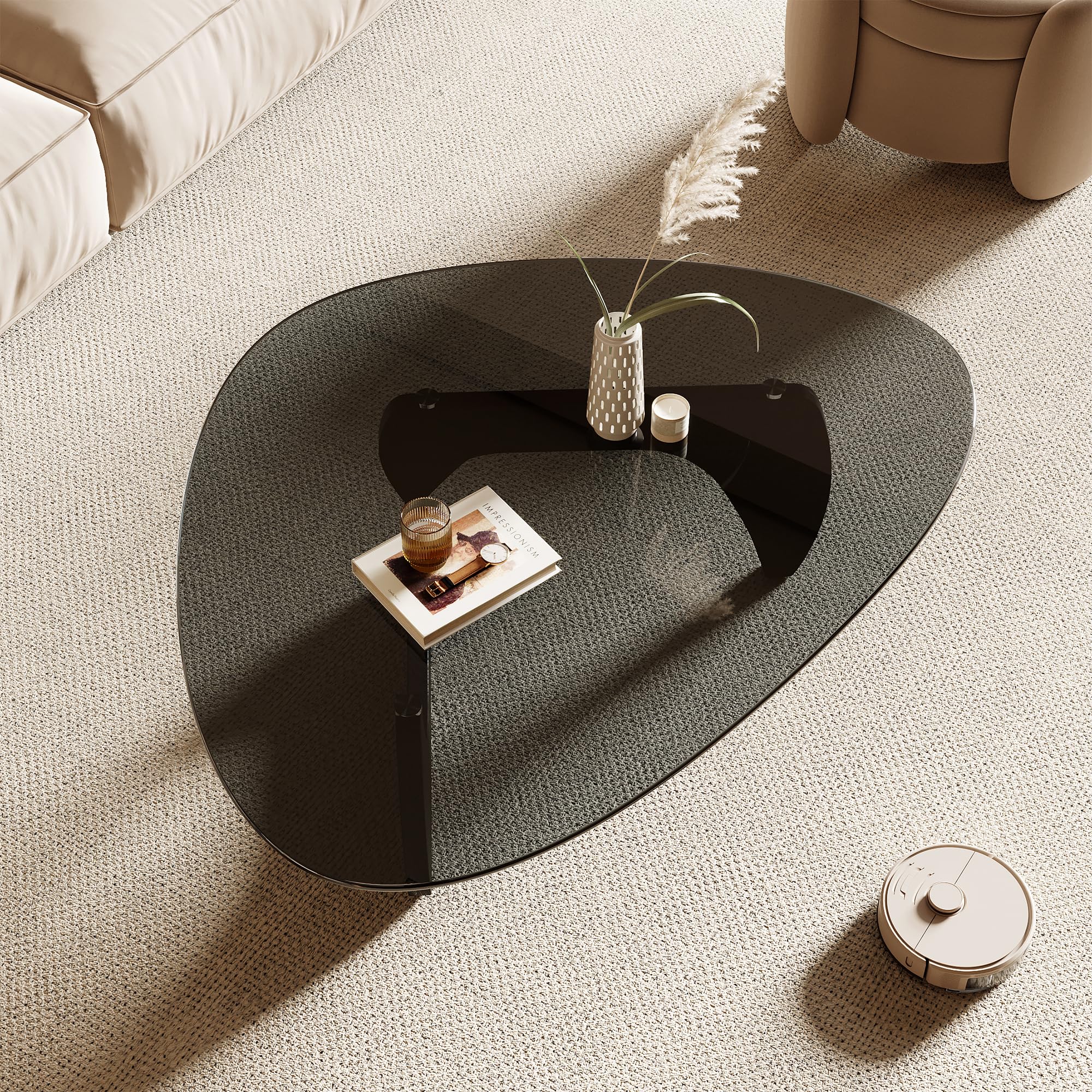 Honyee Morden Coffee Table, 42.5' x 28.5' x 16.1' Triangle Tempered Glass Top fo - product photo