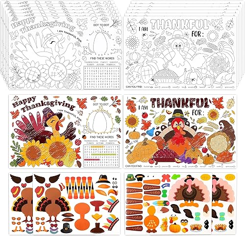 R HORSE 16 manteles individuales para colorear de Acción de Gracias con etiqueta de pavo, manteles individuales de papel para colorear para otoño,