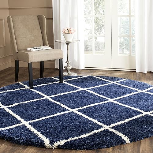 SAFAVIEH Hudson Shag Collection 9' x 9' Round Navy/Ivory SGH281C Modern Diamond Trellis Non-Shedding Living Room Bedroom Dining Room Entryway Plush 2-inch Thick Area Rug