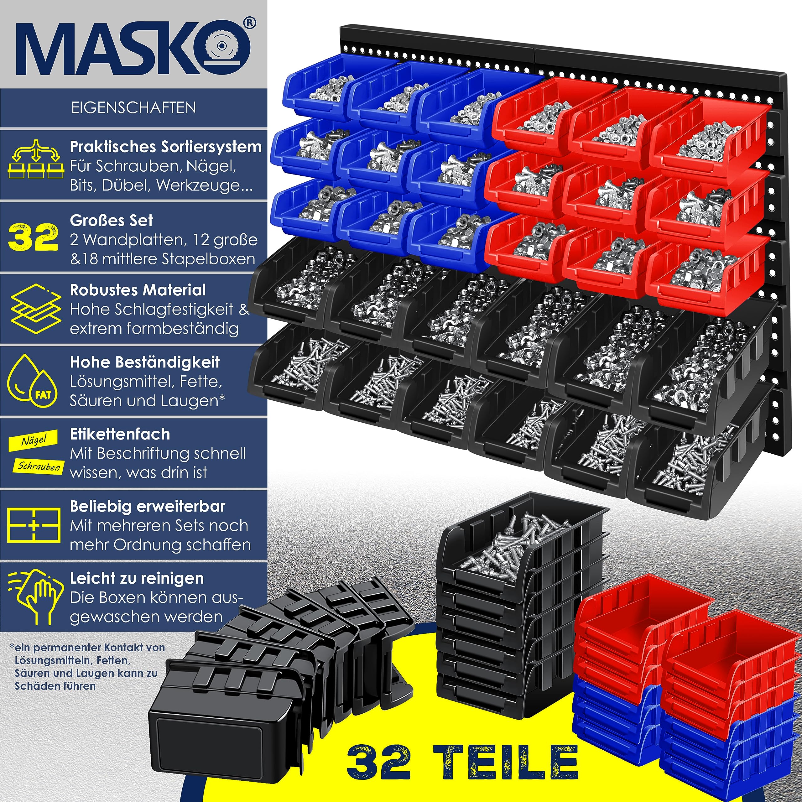 MASKO® Cajas Apilables, Estante de Pared, Cajas de Almacenamiento visibles, Estante Basculante, Estante Enchufable, 32 partes - Negro/Azul/Rojo