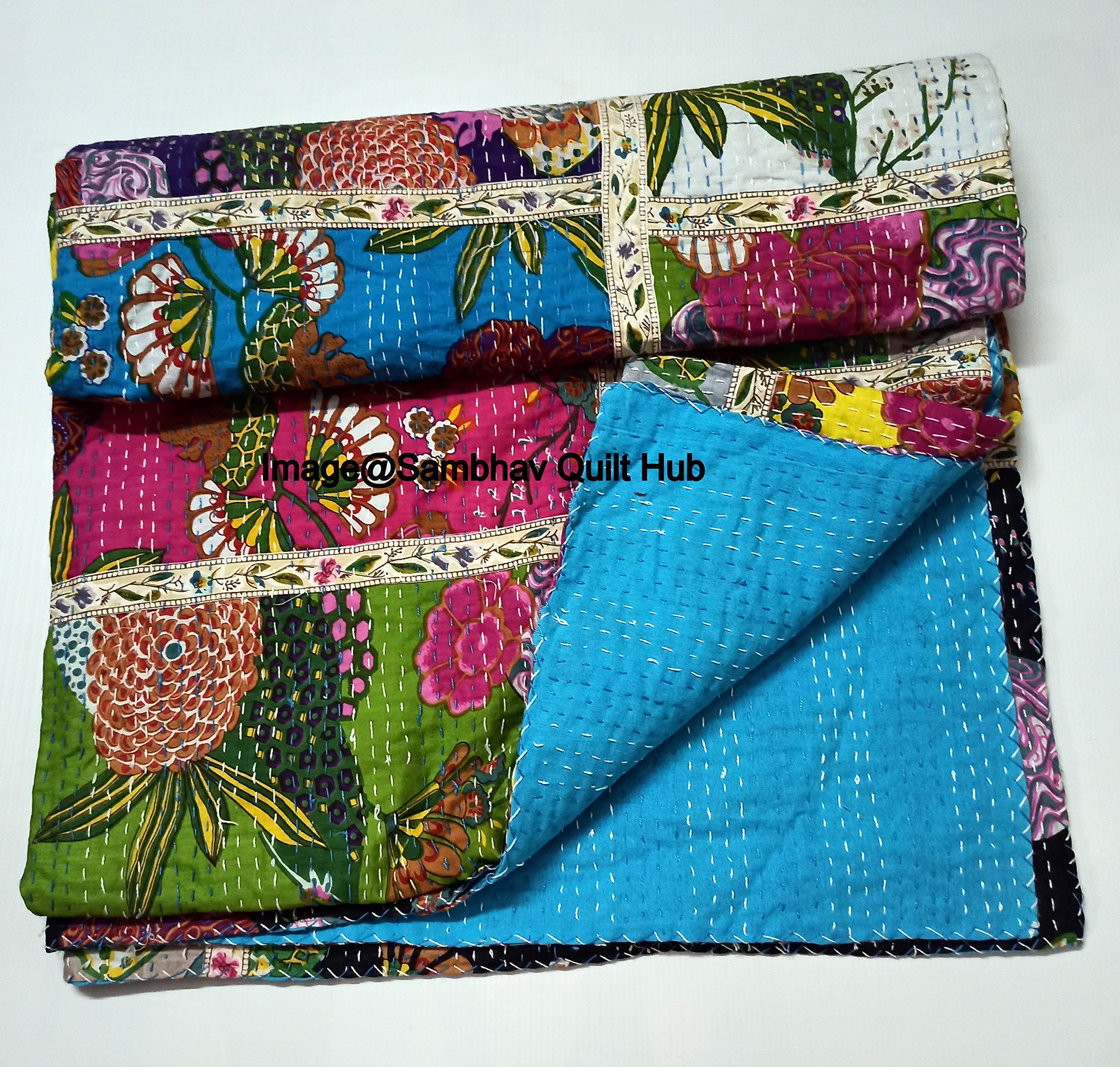 Manta reversible con estampado floral de remiendo de frutas y menos impresión, colcha de Kantha india, colcha de Kantha con costuras étnicas, bohemia, estampado floral Kantha (300 x 208 pulgadas)