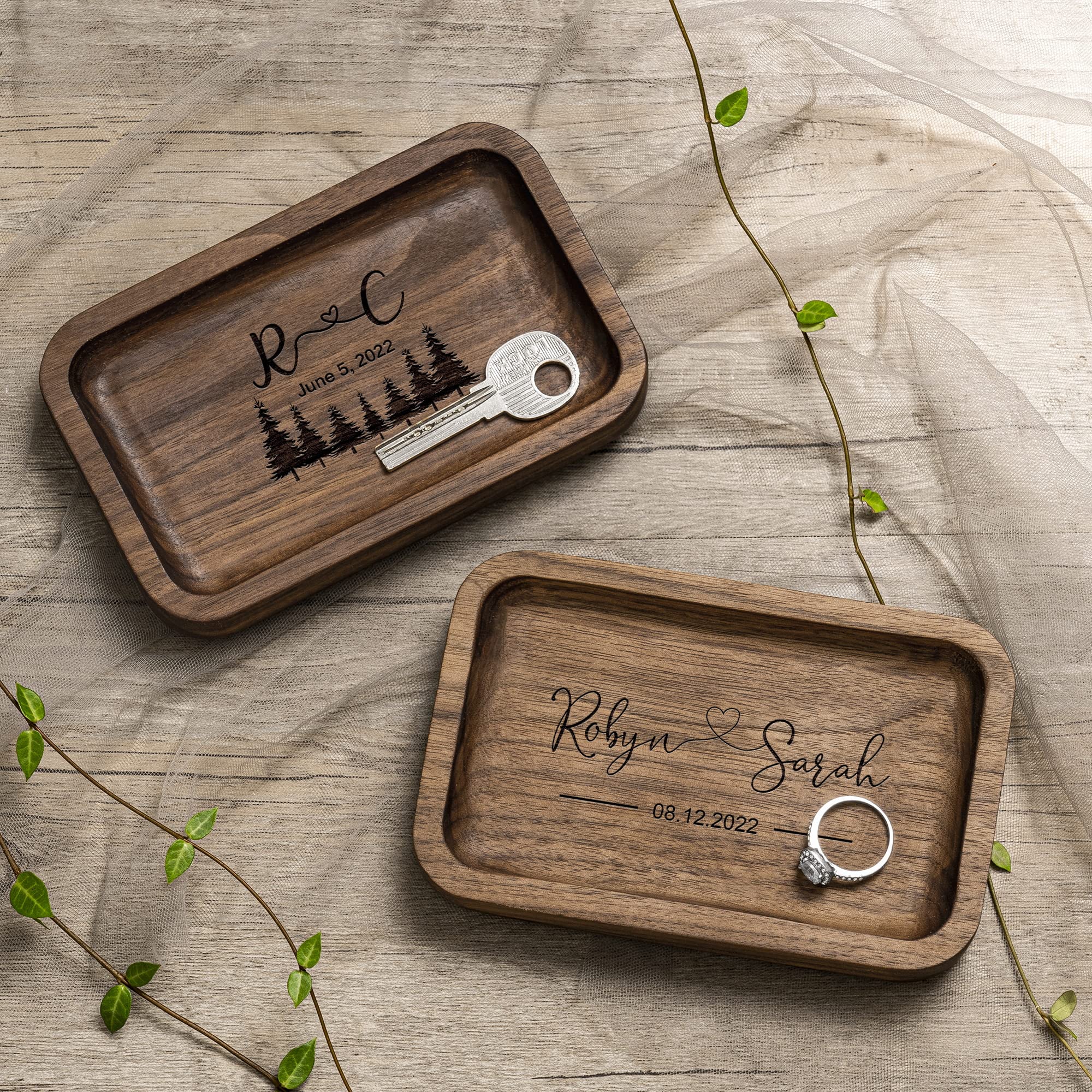 Kenon Brown Engrave Rectangular Walnut Ring Dish, Wooden Wedding Ring Tray For Bride Groom, Ring Display Tray For Home Decor, Engagement Proposal Ceremony