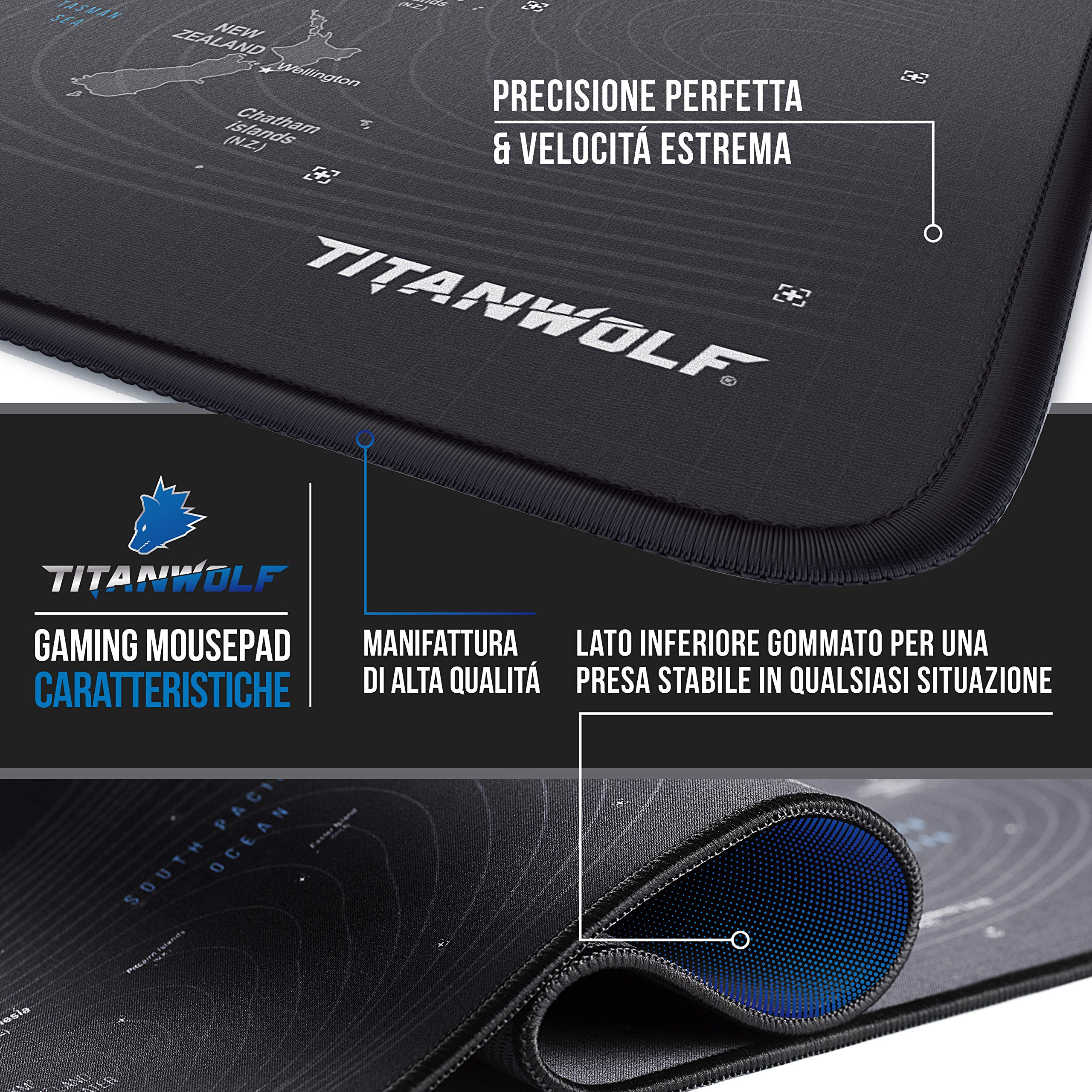 TITANWOLF - XXL Tappetino per Mouse da Gioco - Gaming Mousepad Extra Grande 900 x 400mm - Mousepad Pad con Base in Gomma Antiscivolo - Spessore 3mm - Nero - modello World Map