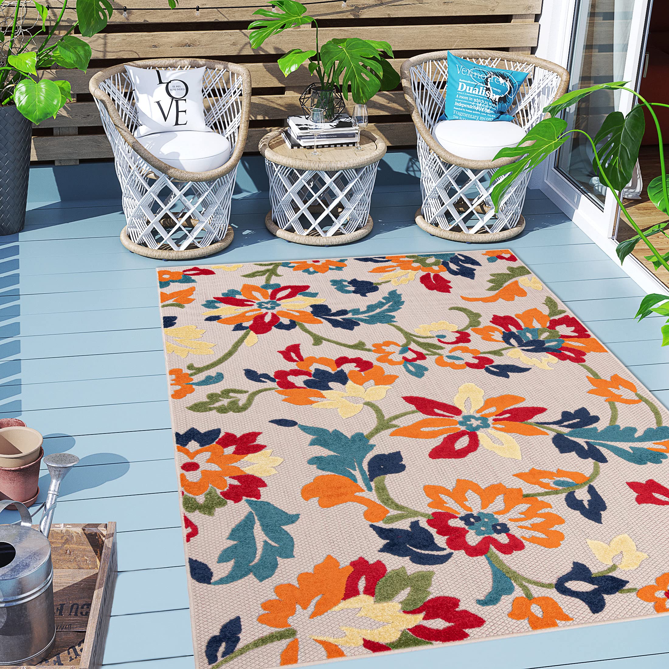 Mazovia Carpeto Rugs Alfombra - Diseño Floral Orientale de Outdoor - Impermeable Alfombra Exterior - Alfombras de Patio, Balcón y Veranda - Naranja Colorido 120x170 cm