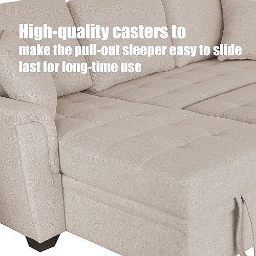 Miniatura 6 de FUQIAOTEC Sofá cama tapizado de lino beige con diván reversible y espacio para dormir extraíble diseño copetudo y simple combina sofá cama con