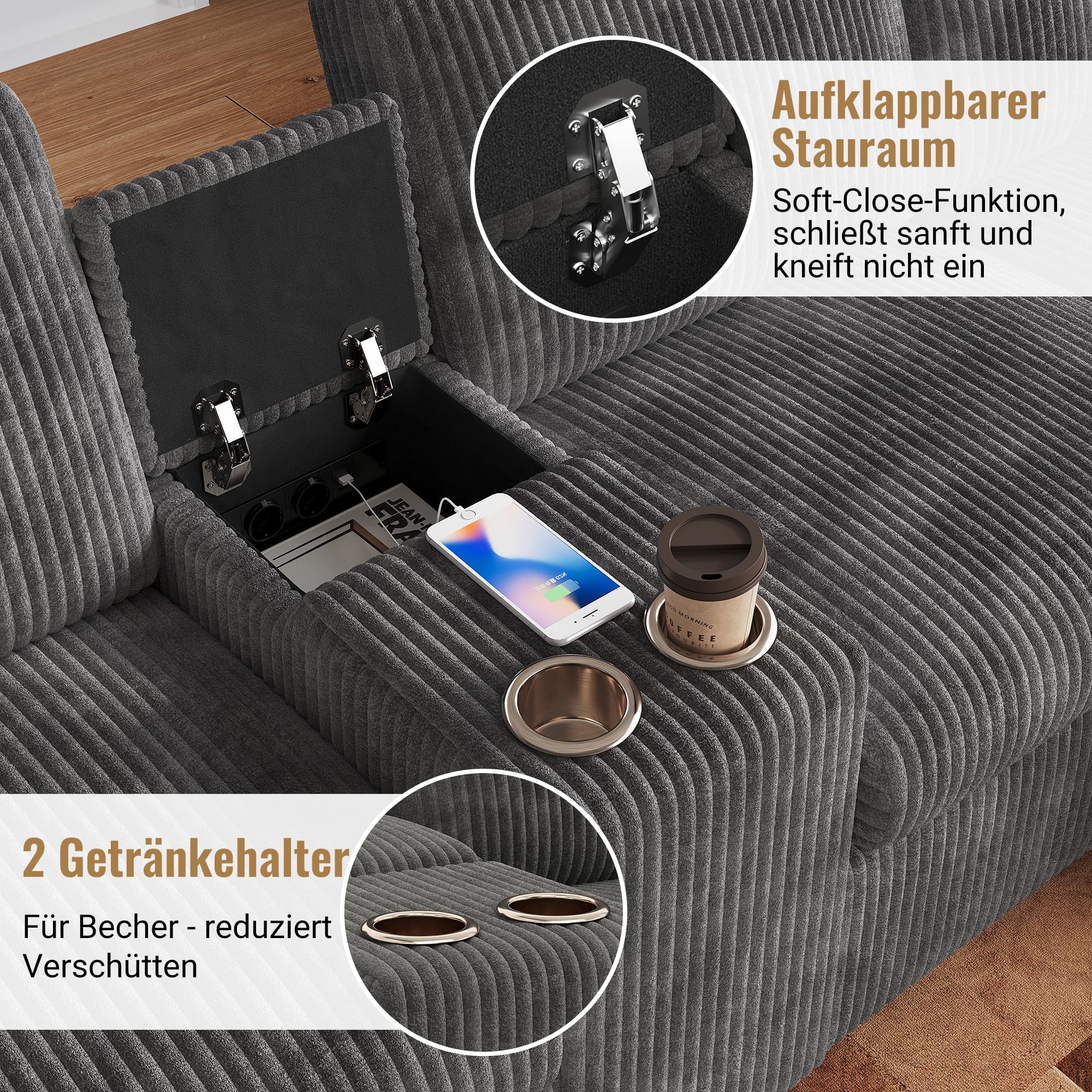 Sofá modular en U, sofá moderno de 4 plazas con puerto USB, reposabrazos central con 1 mesa y 2 portavasos, sofá multifuncional con 2 reposapiés de almacenamiento móviles, tejido acanalado, gris