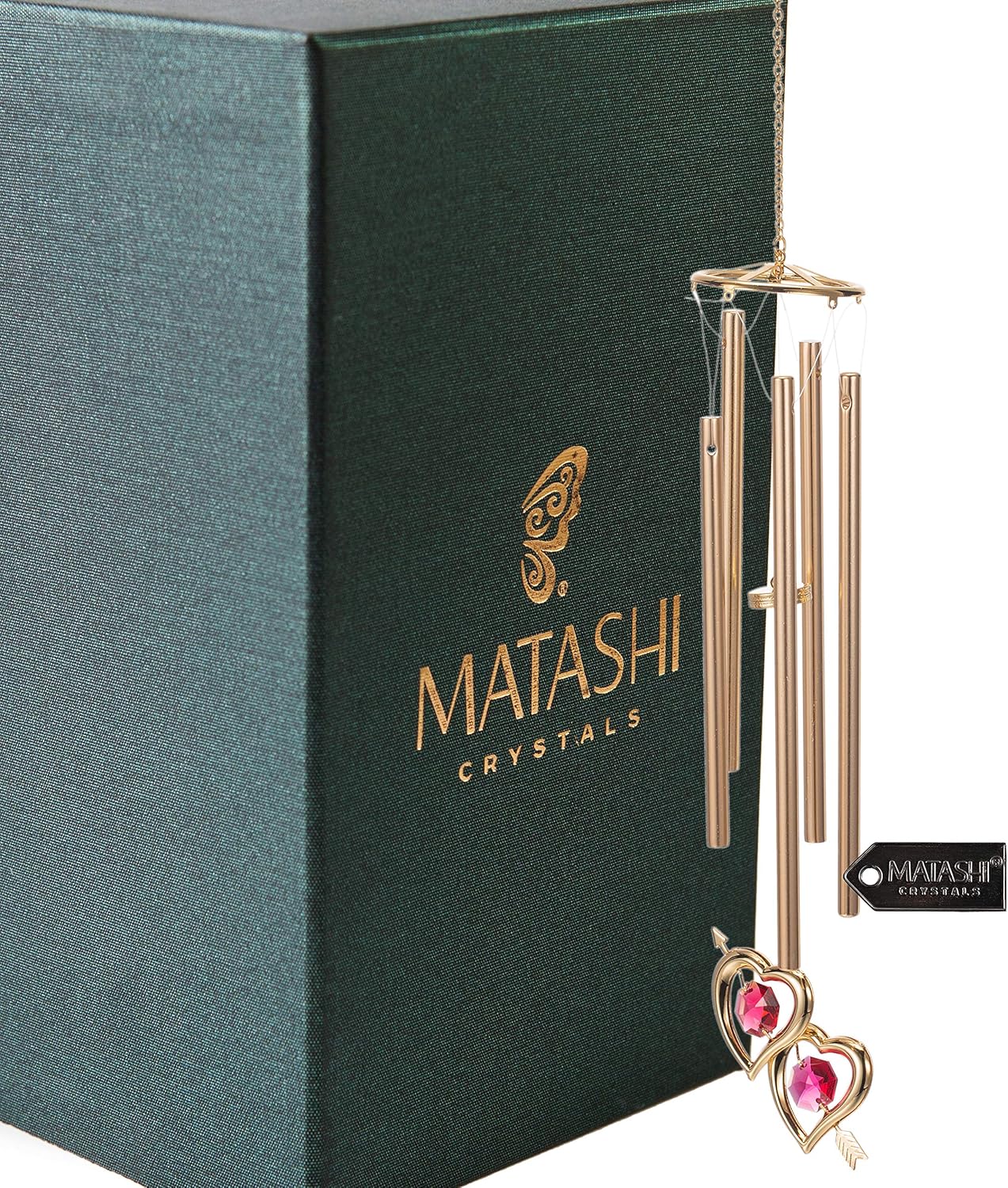 Matashi 24K Gold Plated Double Heart with Arrow Wind Chime with Crystals – Love Gift for Girlfriend, Mother’s Day, Valentine’s, Birthday, Wedding, Anniversary, Home Decor - Gift for Her, Mom, Wife