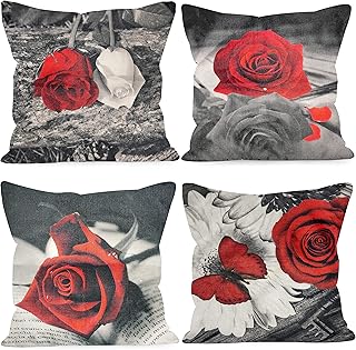 HSINYA Set of 4 Flower Throw Pillows Covers 18x18 Red Rose Black Gray Background - Compare price