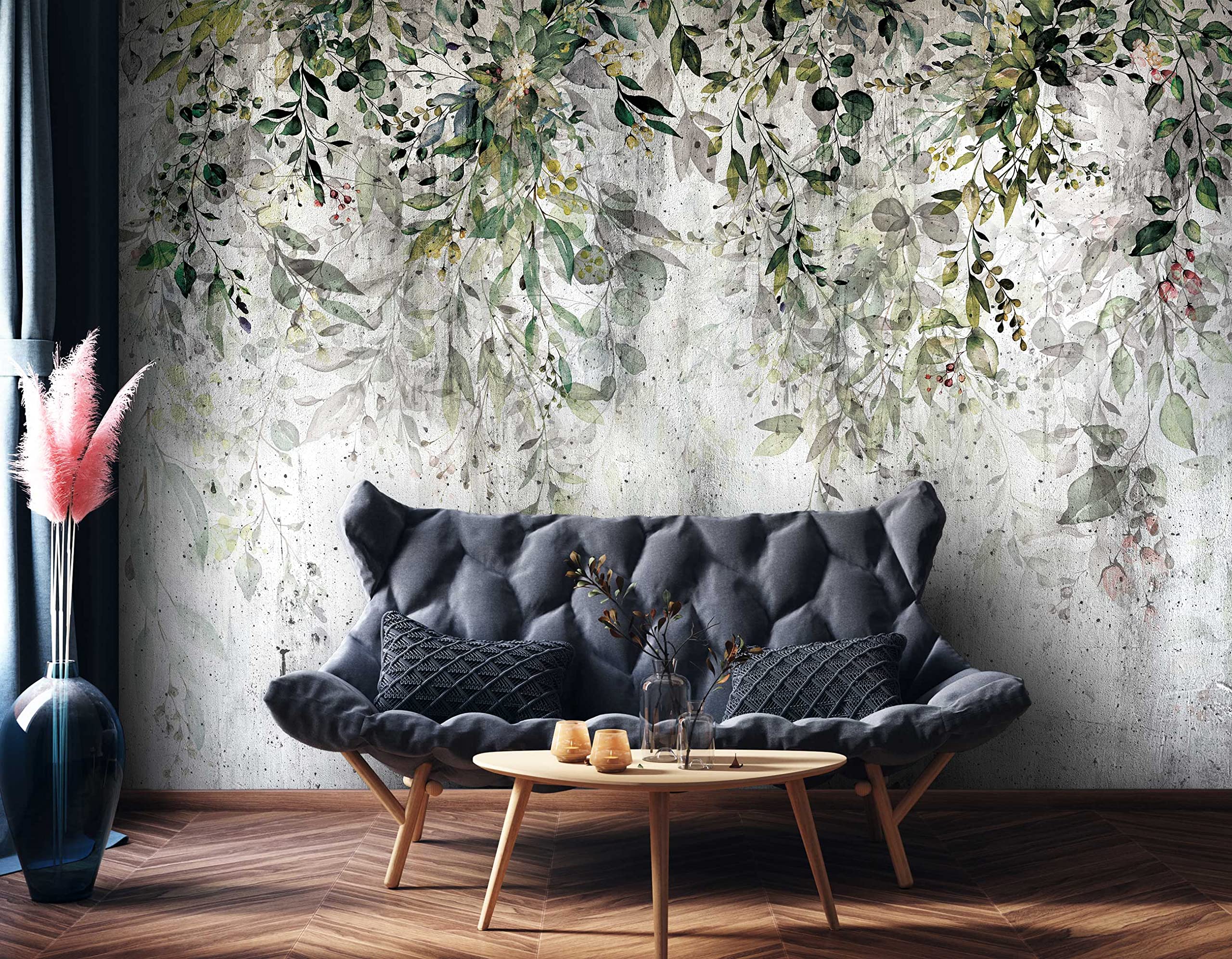 Fototapeta – liście, zielone rośliny, naturalny beton, vintage – w zestawie klej – do salonu, sypialni, korytarza, nowoczesna tapeta z włókniny, tapeta ścienna, tapeta z motywem, gotowa do montażu (254 x 184 cm)