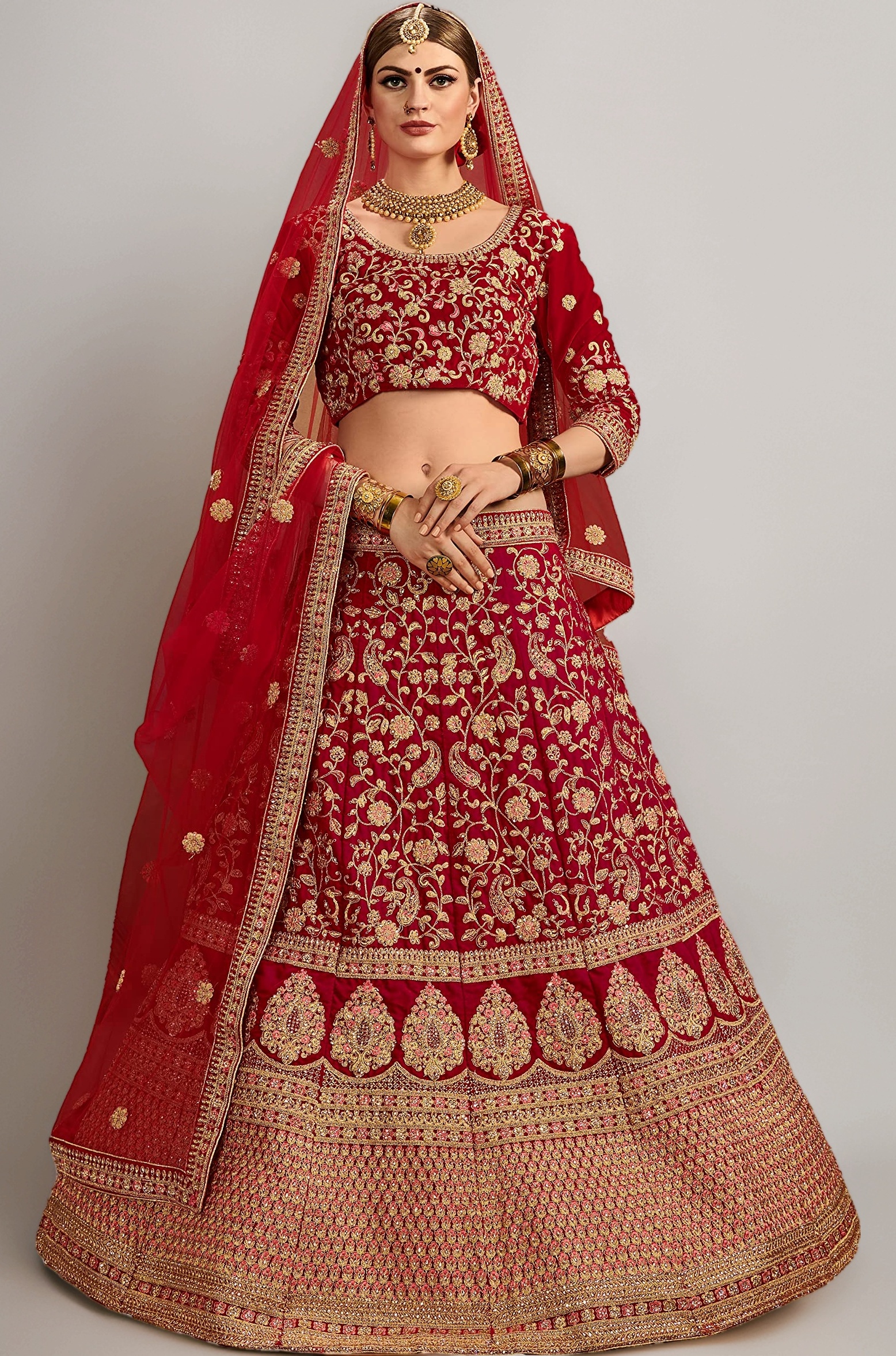 FUSIONIC Women Velvet Lehenga Choli Semi-Stitched Red Free Size