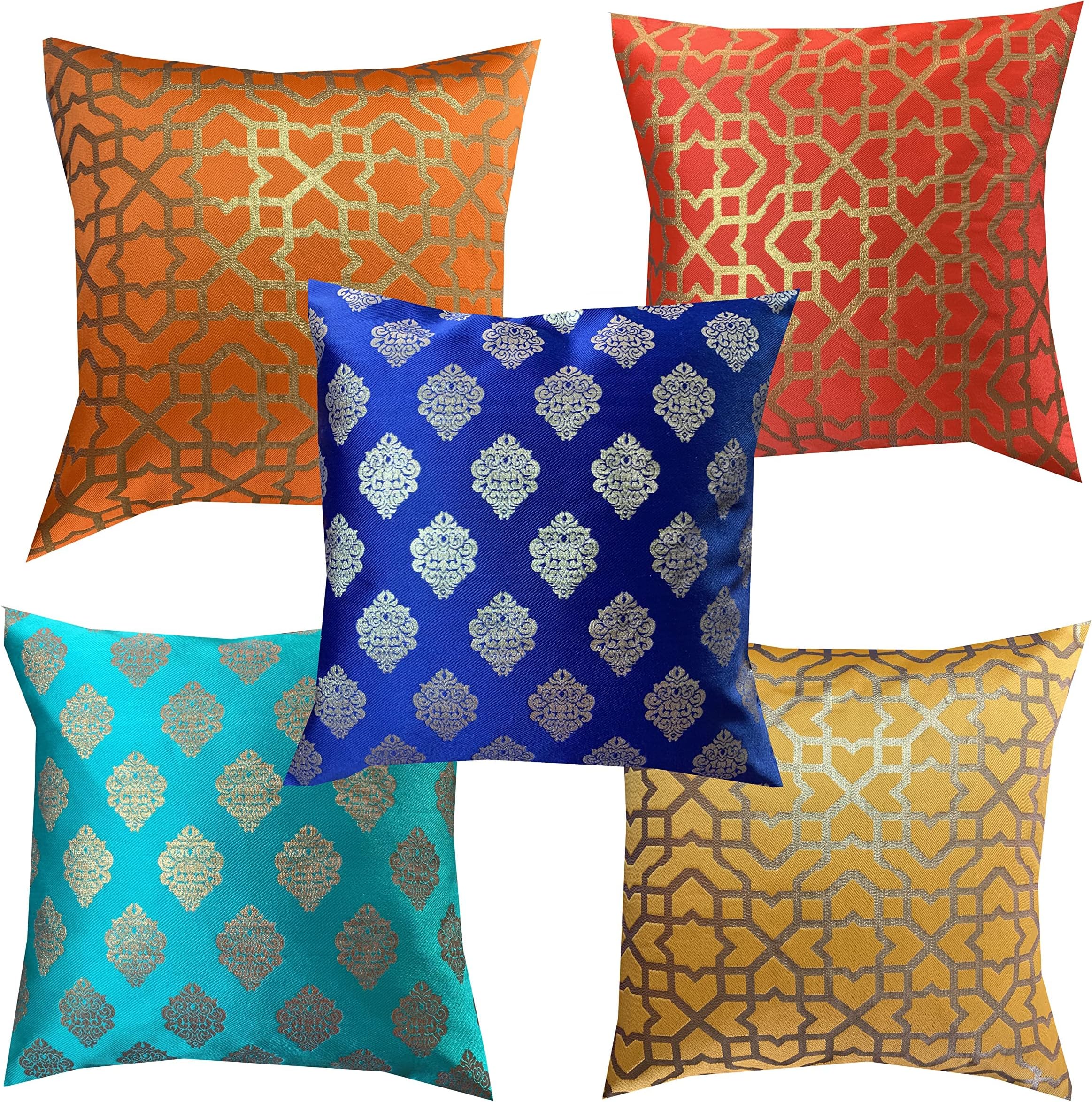 Buy Blue Grass Multicolour Dupion Silk Striped Quilted Cushion Cover 20 x 20 Inches, Set of 5