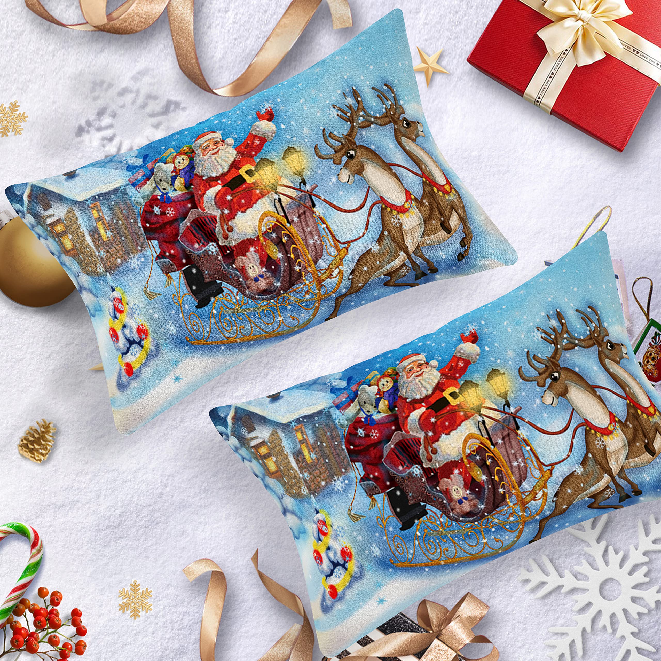 AVJWWD Set di biancheria da letto natalizia,Microfibra Copripiumino con Babbo Natale e alce motivo,decorazione natalizia, set regalo per ragazzi e ragazze (Slitta Blu, 135 x 200 cm)