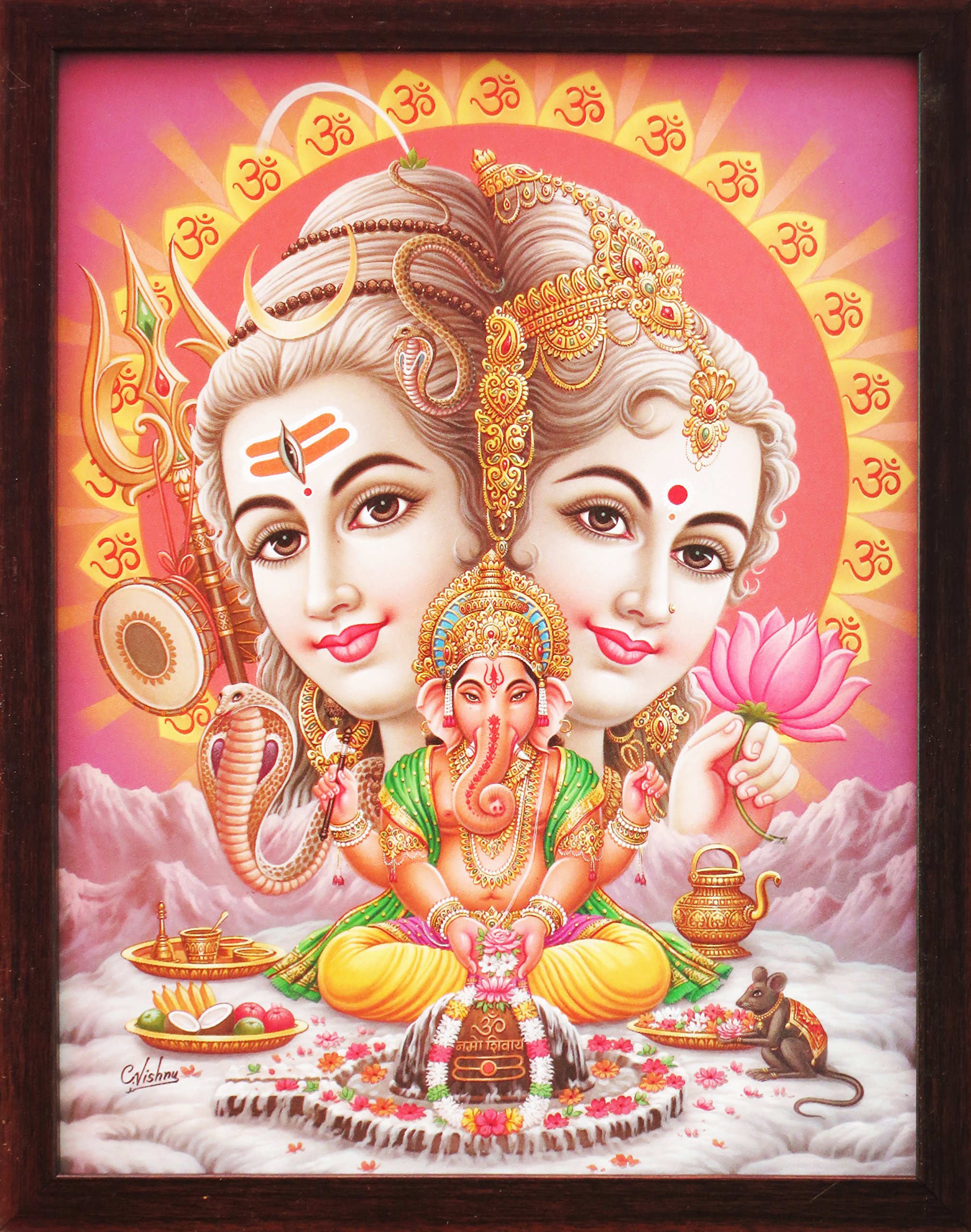 Handicraft Store Shiva, Ganesha Worshiping Shivling and Parvati and Shiva Looking at Him, A Poster Painting with Frame for Hindu Religious Worship Purpose