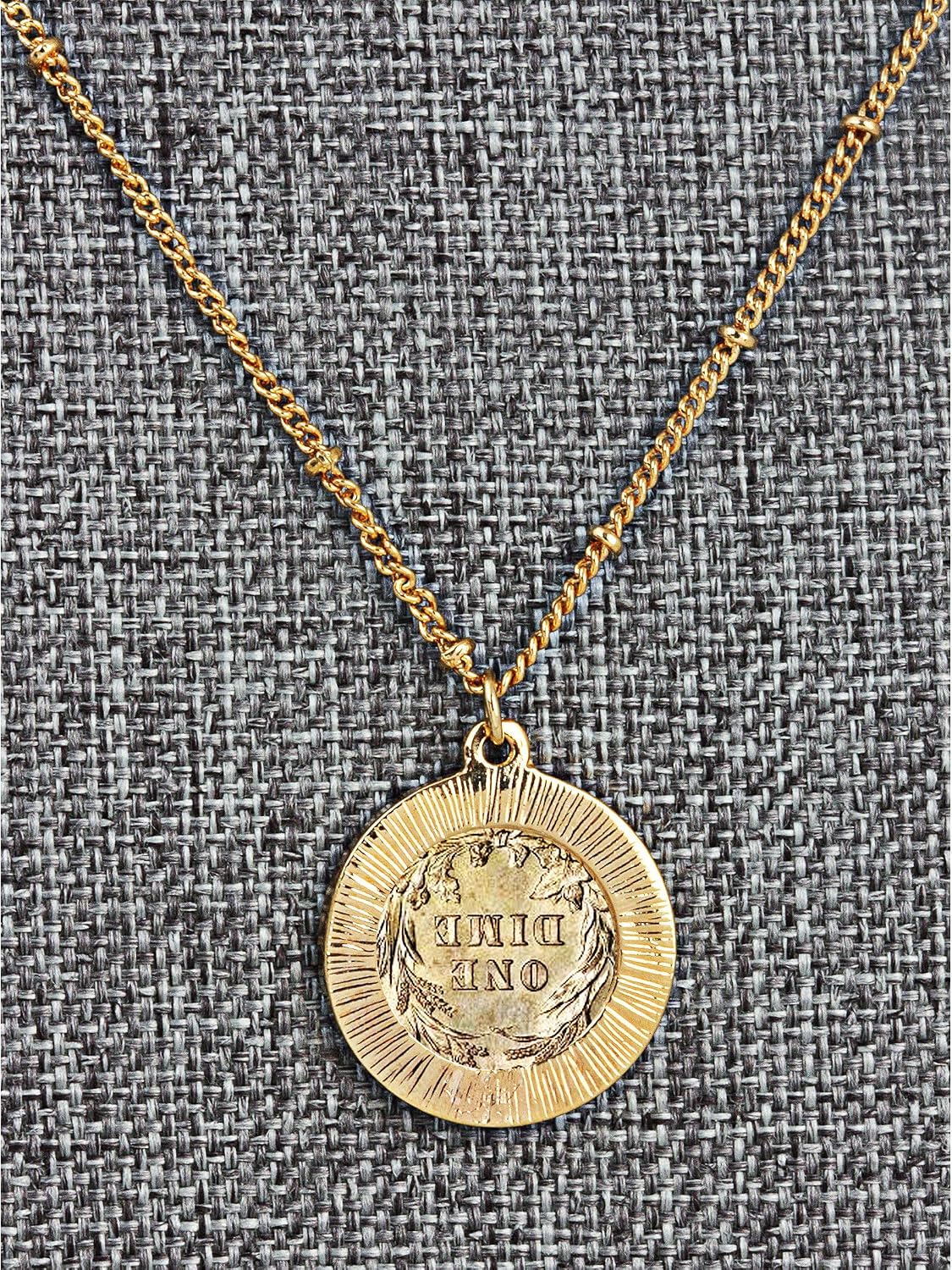American Coin Treasures Coin Necklace Pendant Double Strand Love Chain– Genuine Barber Dime Gold-Layered Coin | Goldtone Saturn Style Chain and Lobster Claw Clasp | Certificate of Authenticity