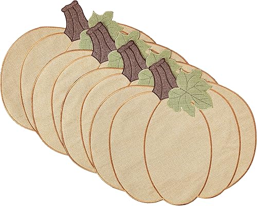 Violet Linen Juego de 4 manteles individuales bordados de poliéster con diseño de calabaza de otoño y cosecha de Acción de Gracias, 12 x 18