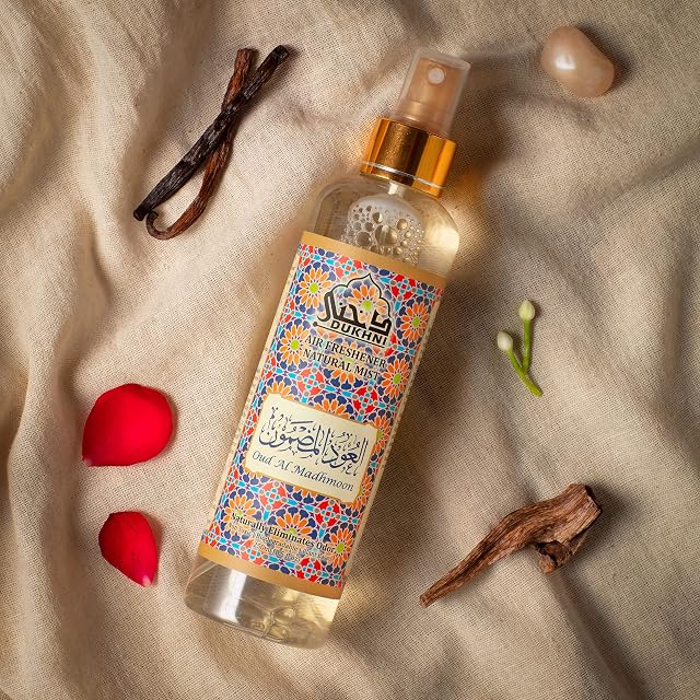 Oud Al Madhmoon Attar Al Faraash by Dukhni | 250ml Non Alcoholic Spray | Arabic Natural Mist | Air Freshener, Room Mist, Fabric & Linen Spray | Perfect for Prayer mats, beds, sofas, curtains | Halal