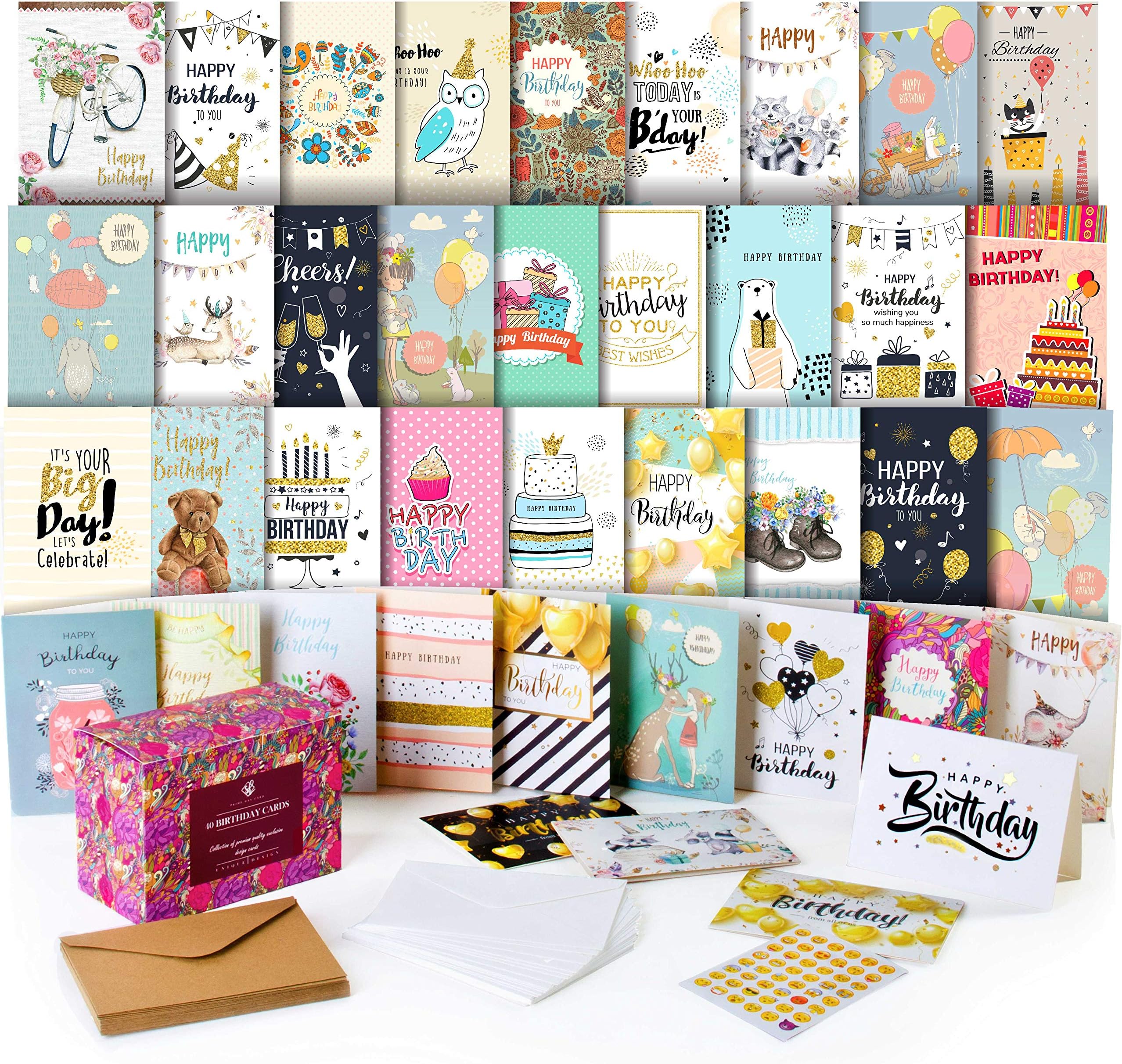 Happy Birthday Cards Assortment - Bday Cards in Bulk - 5x7 Assorted Variety Box Set 40 Pack Unique Designs with Envelopes - Birthday Card for Men Women Kids - for Office - Greeting Message Inside
