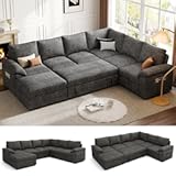 108 Inch Sectional Sleeper Sofa with Pull Out Bed&comma; U Shaped 7 Seat Modular Sectional Sofa with Storage&comma; Sectional Couches for Living Room&comma; Cloud Modular Couch&comma;Removable Sofa Cover&comma; Dark Grey