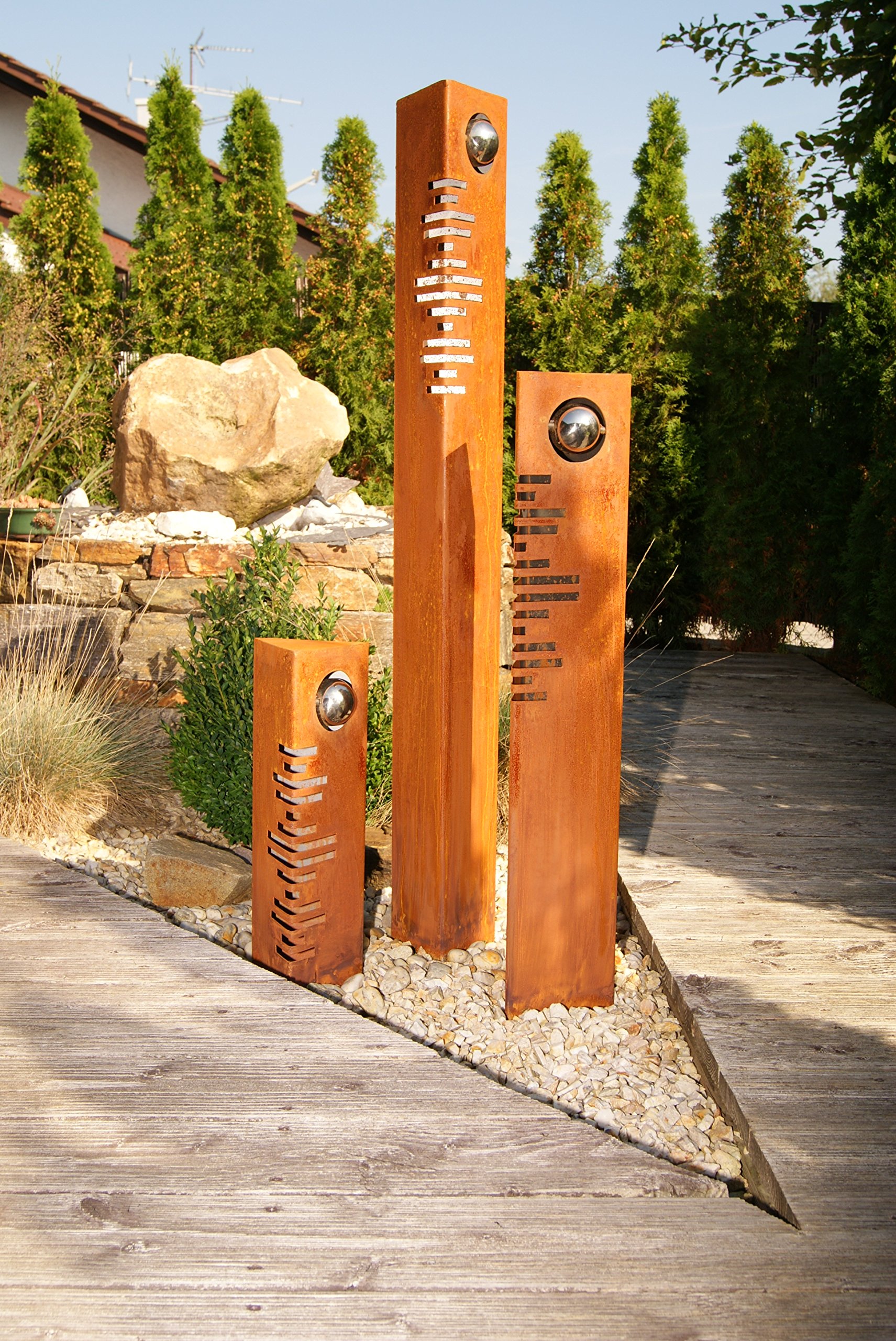 Säulenset Modern Säulen Set Edelrost mit Edelstahl - Kugeln Rost Garten Dekoration Stele