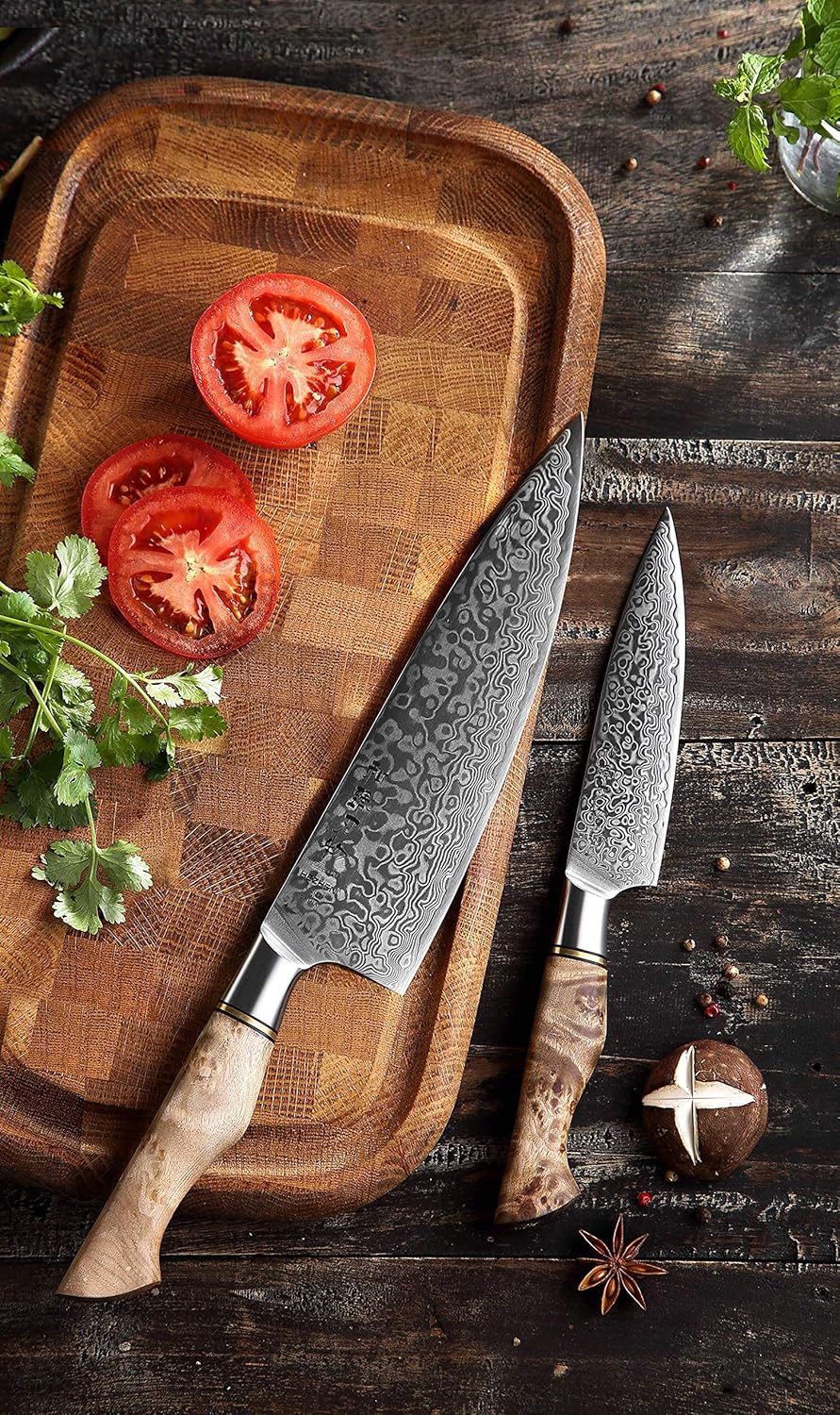 HEZHEN-67 LAYES Damascus Steel Kitchen Knife Set 2PCS,8.3'' Chef knife 5" Utility Knife Figured Sycamore Wood Handle with Gift Box