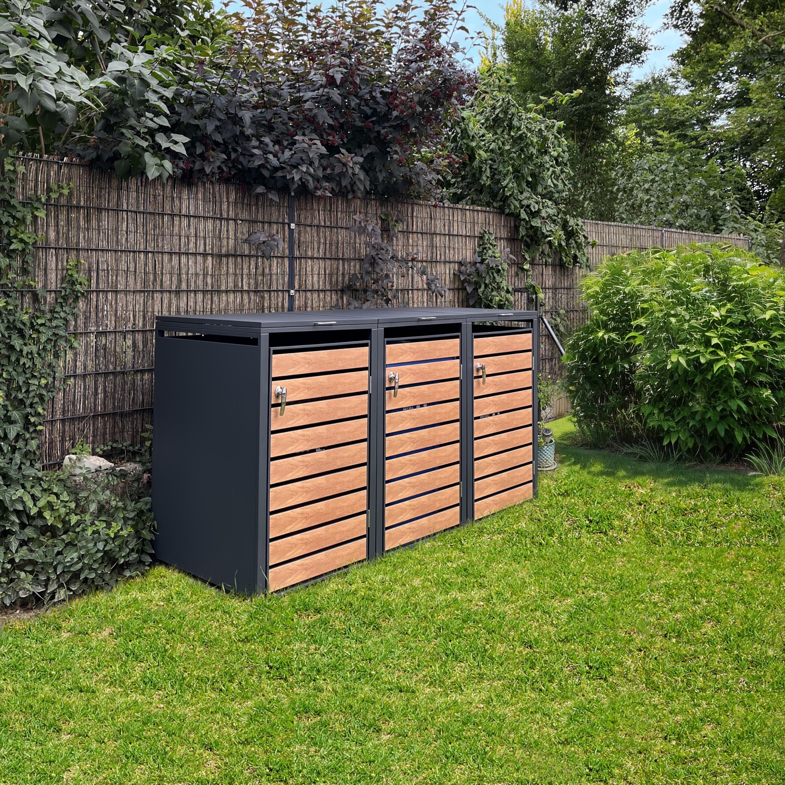 Metzler box pattumiere design antracite & effetto legno 3x240L, acciaio verniciato a polvere, robusto e chiudibile