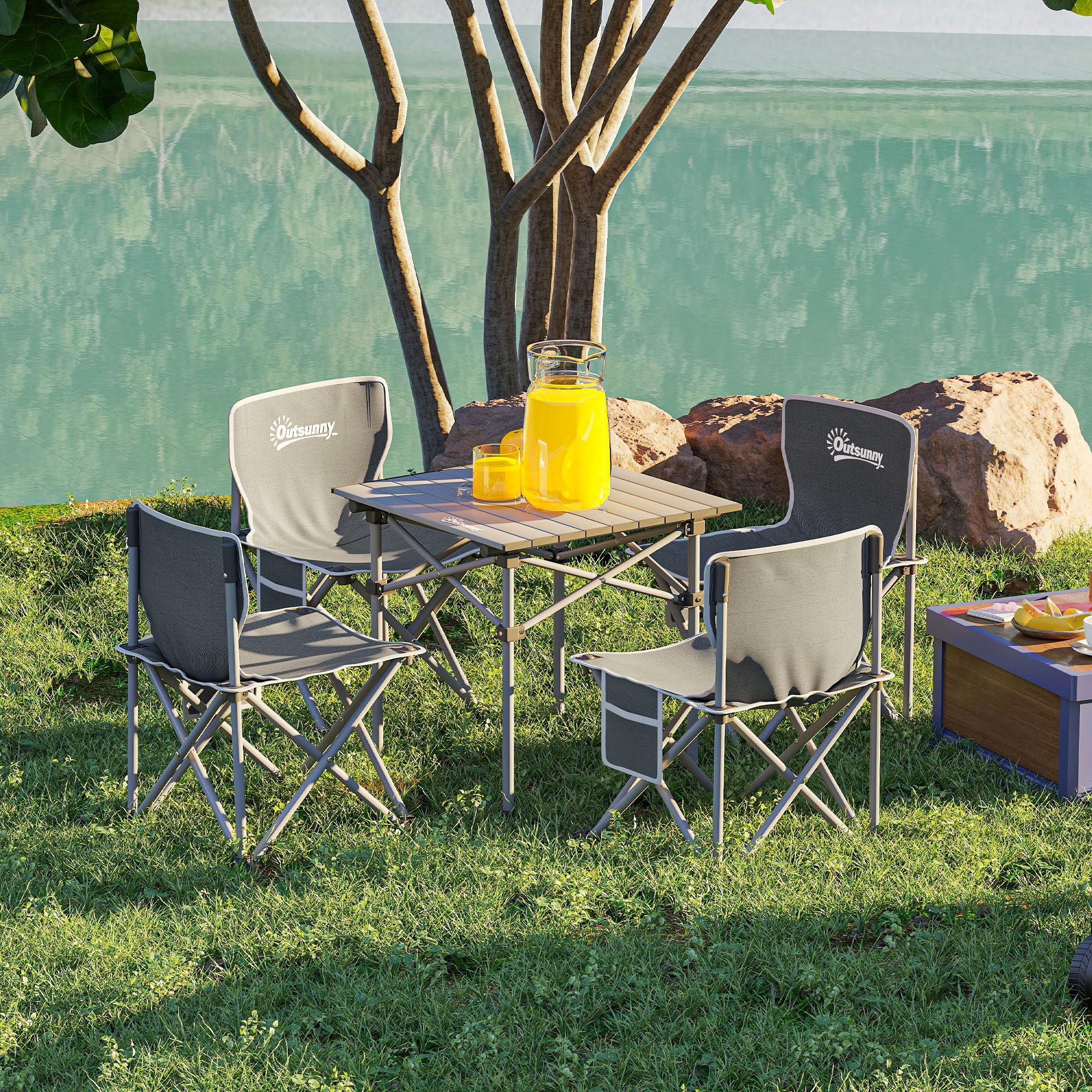 Outsunny Tavolo da campeggio con 4 sedie pieghevoli, set di tavolo e sedie da campeggio da 5 pezzi con tasche laterali e borse per il trasporto, 55 x 51 x 50 cm, grigio scuro