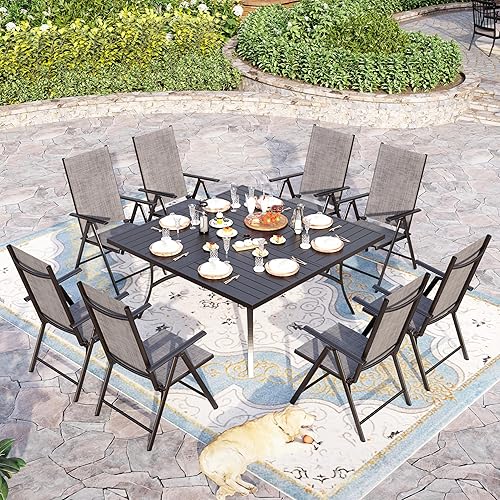 Sophia & William Juego de comedor de patio para 8 personas, juego de mesa de comedor al aire libre grande cuadrada de metal negro y 8 sillas
