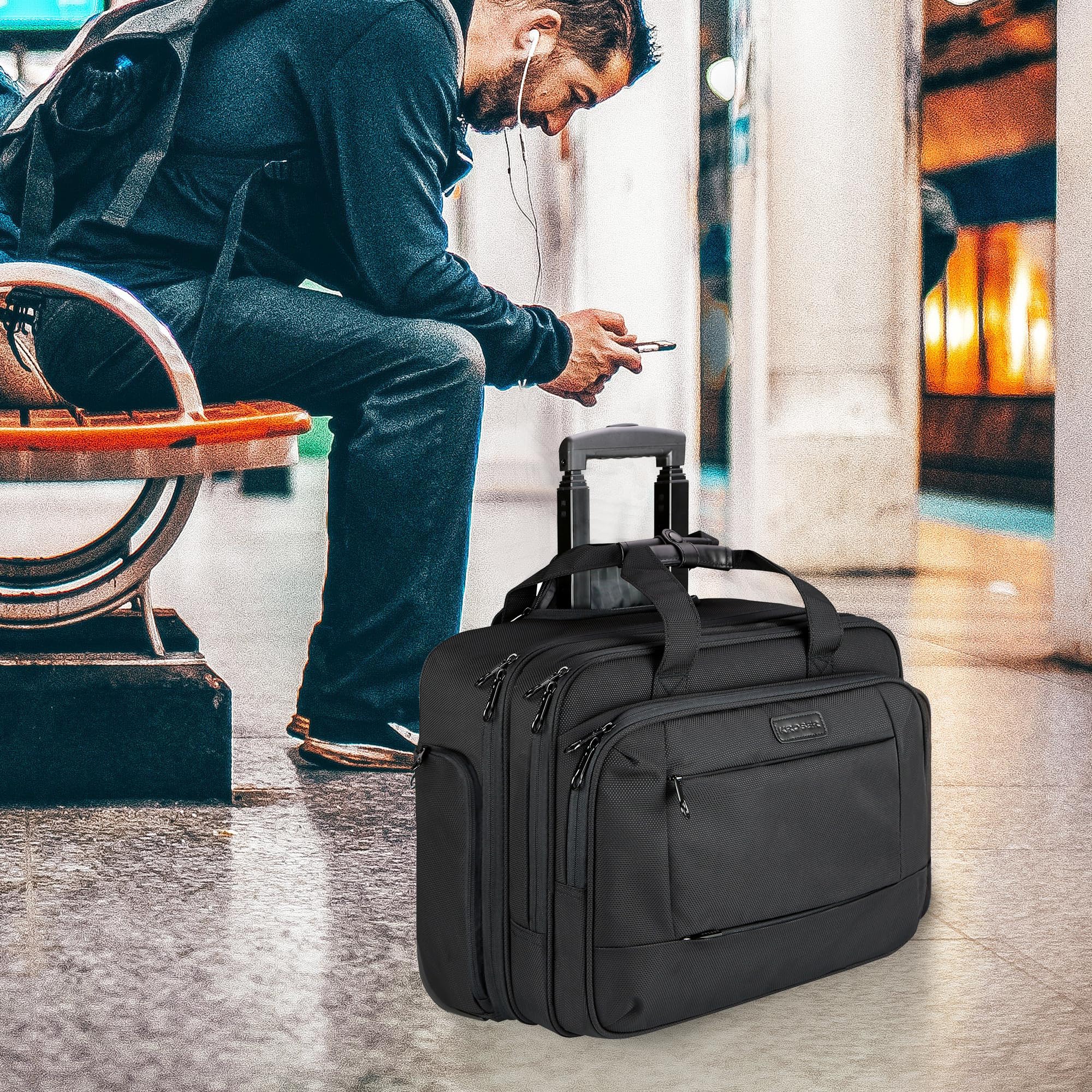 KROSER Mallette à roulettes Portable Sacoche Ordinateur 17,3" Imperméable Porte-Documents Poches RFID Rolling Laptop Bag