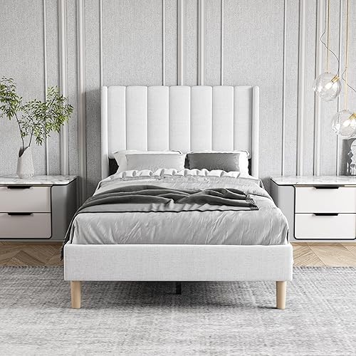 Miniatura 3 de Zoophyter Base de cama tapizada de tamaño individual con cabecero, listones de madera fuertes, no necesita somier, fácil montaje, lino blanco