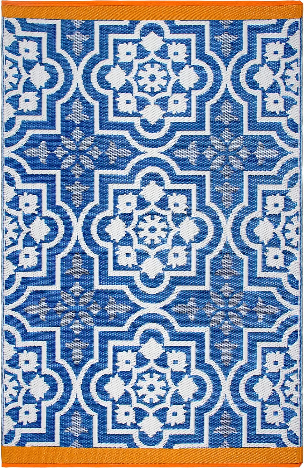 Fab Habitat Outdoor Rug - Waterproof, Fade Resistant, Crease-Free - Premium Recycled Plastic - Spanish Tile Farmhouse - Porch, Deck, Balcony, Mudroom, Laundry Room, Patio - Puebla - Blue - 3 x 5 ft Puebla - Blue 3' x 5'