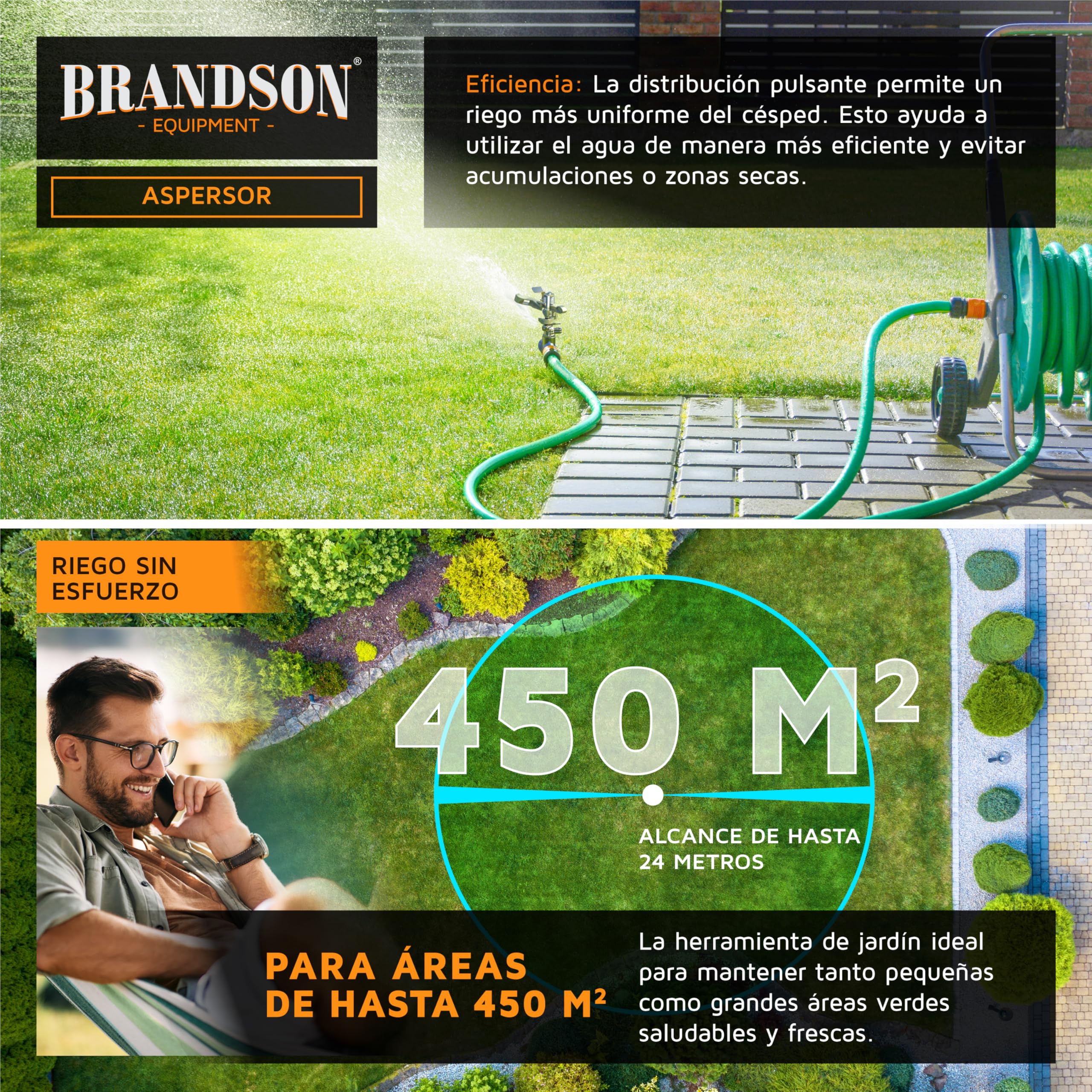 Brandson Aspersor por Pulsos, Aspersores de Riego, Aspersor oscilante de riego para Grandes áreas Circular y Sectorial para regar Plantas, céspedes y Jardines de hasta 450 m², 6 Bar, Alcance de 12 m