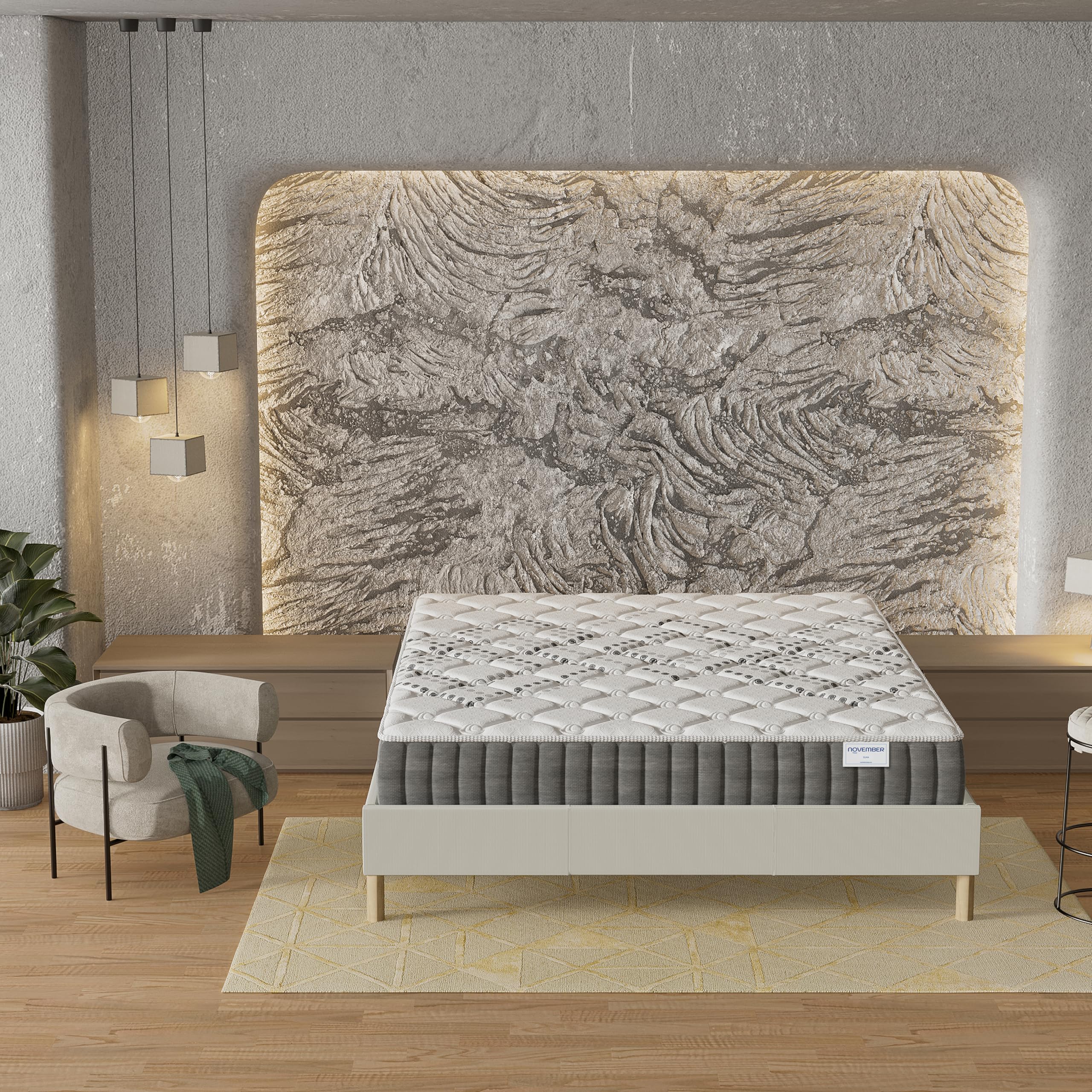 NOVEMBER- Ensemble Matelas + sommier (120 x 190cm)- Matelas Eliha Ressorts ensachés & Mousse Haute Densité d’épaisseur 20cm + Sommier Bois Stable & Robuste revêtement Tissu Blanc