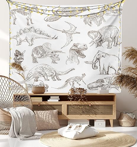 Miniatura 7 de Ambesonne Tapiz jurásico, arreglo de varios dinosaurios, ilustraciones de esqueleto biología histórica, colgante de pared ancho para dormitorio,