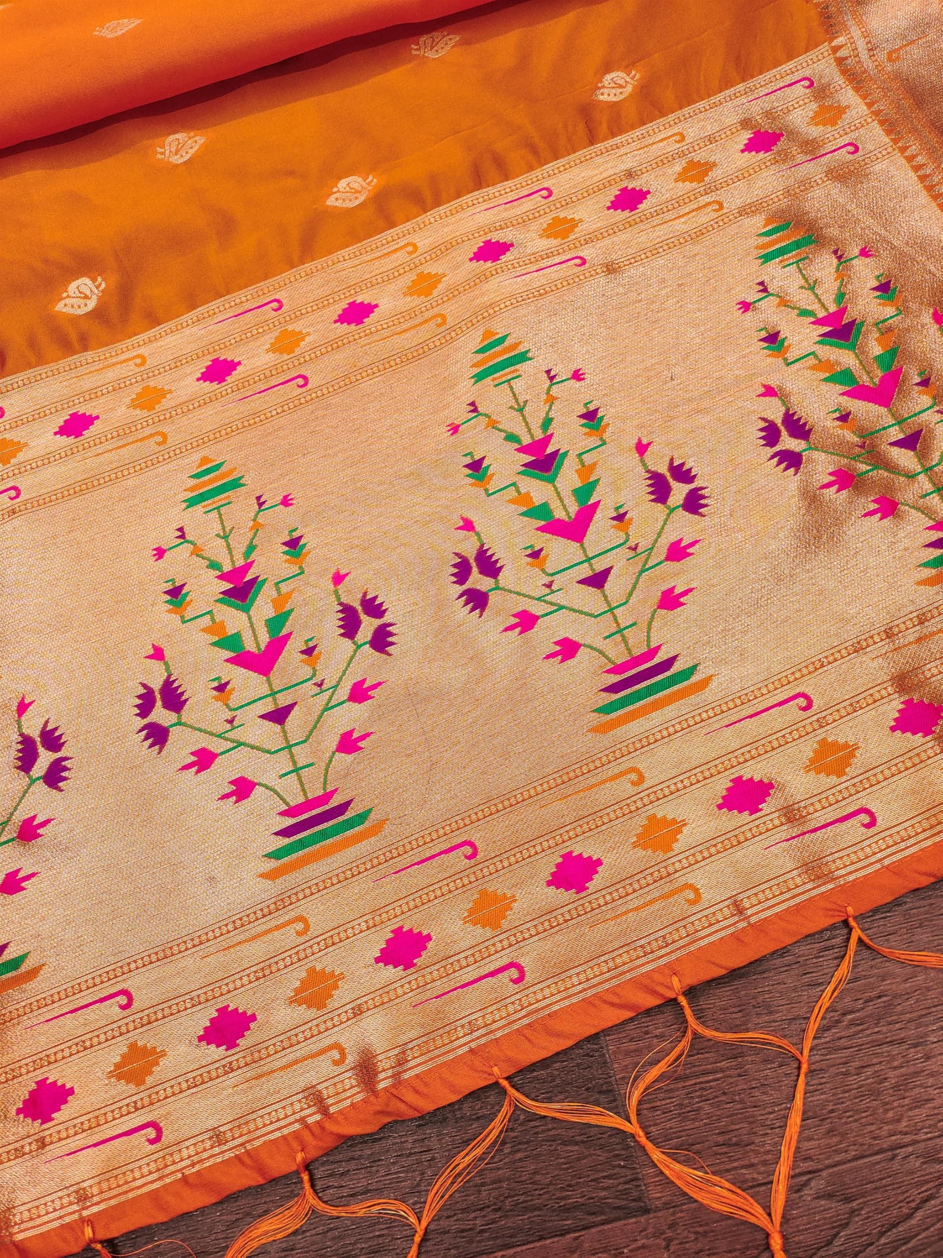 DEVANGI Women's Woven Paithani Banarasi Silk Dupatta/Chunni For Women, Floral Print 1 Meter Wide and 2.3 Meter Length Printed Designer Dupatta/Chunni For Girls(Orange) - Image 5 thumbnail