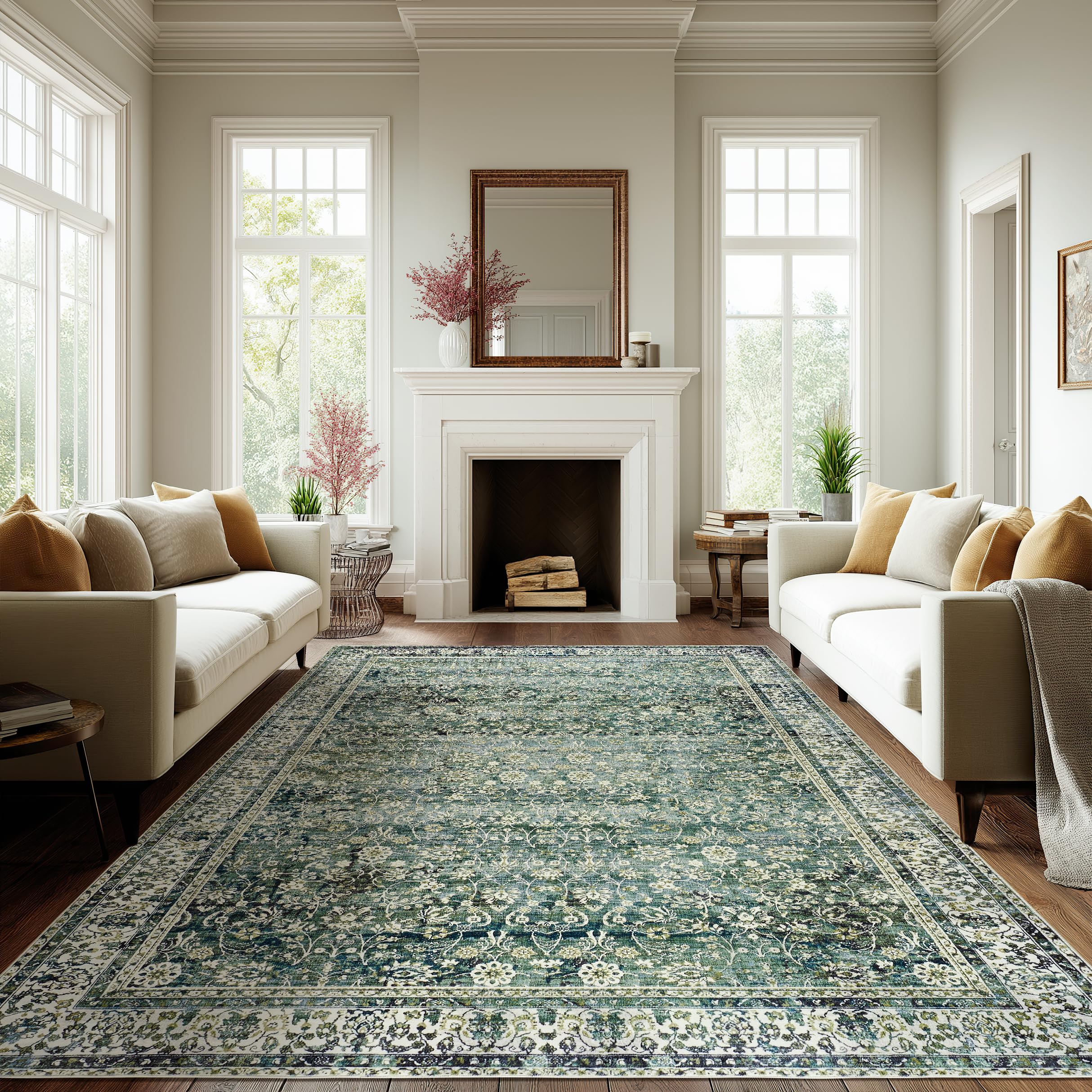 9x12 Area Rugs Dark Green Washable Rug for Living Room Big Bedroom Under Bed,Low Pile Soft Non Slip Floral Boho Vintage Extra Large Carpet for Dining Room Under Table,9 by 12,Forest Green — image 1