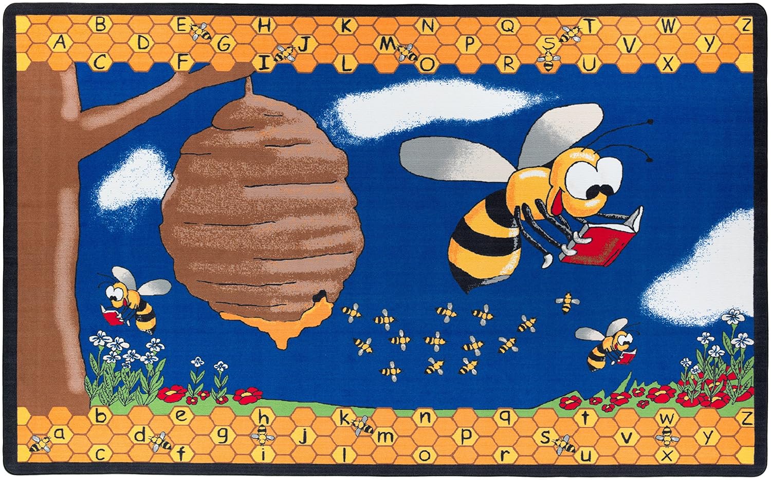 Flagship Carpets Busy Bee Cartoon Reading Bug Children's Classroom, Kids Bedroom or Educational Area Rug, 10'6" x 13'2", Blue/Multicolor