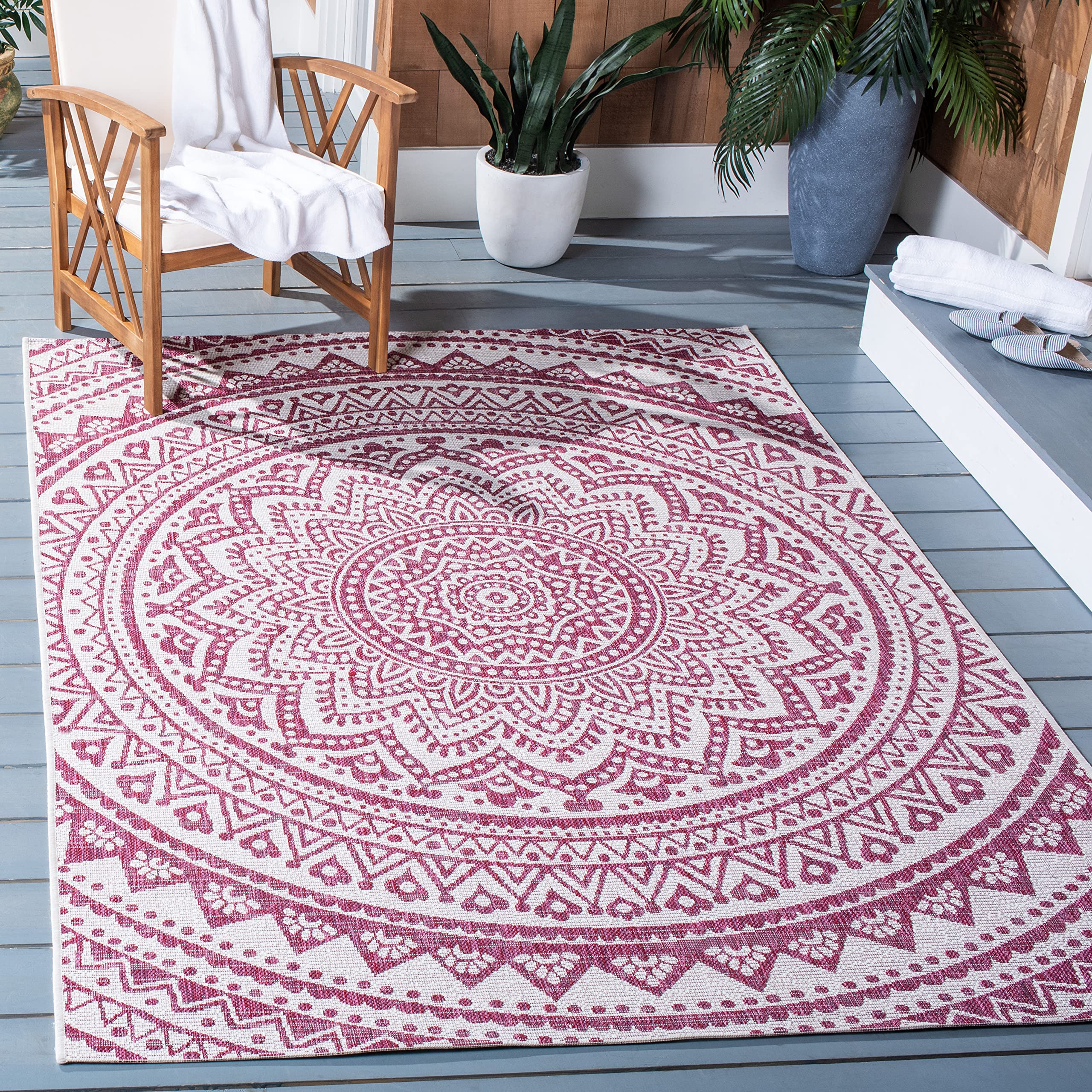 SAFAVIEH Courtyard Collection 8' x 10' Ivory/Fuchsia CY8734 Indoor/ Outdoor Waterproof Easy Cleaning Patio Backyard Mudroom Area Rug