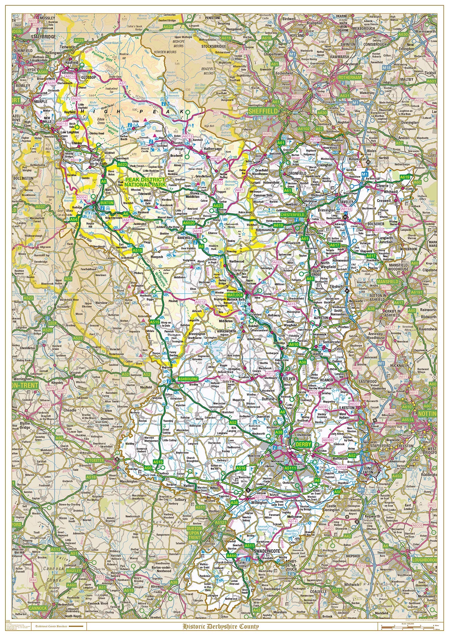 Historic Derbyshire County Map-Plastic Coated