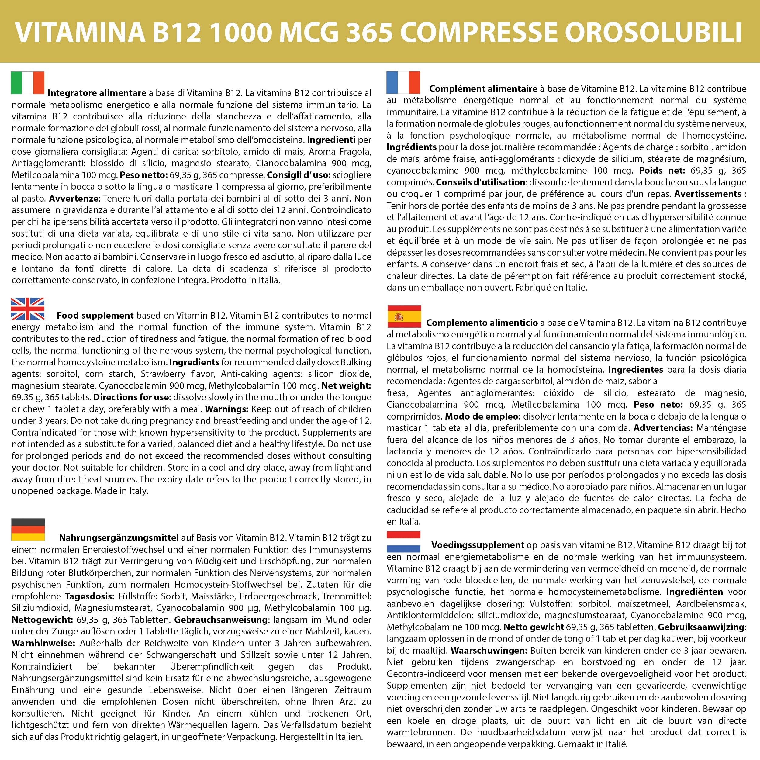 Vitamina B12 Masticabile 1000 mcg 3650 Compresse Orosolubili 1 al dì | Senza Glutine e Lattosio | non di origine animale | Cianocobalamina Metilcobalamina | Energia | Sistema Immunitario