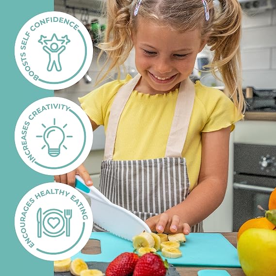 Jr. Kid Safe Knife Set for Real Cooking | Toddler Knives | Ages 4-12 | Montessori Kitchen Tools for Girls | Kids Knife Set of 3 | BPA Free Dishwasher Safe | Birthday Christmas Stocking Stuffer