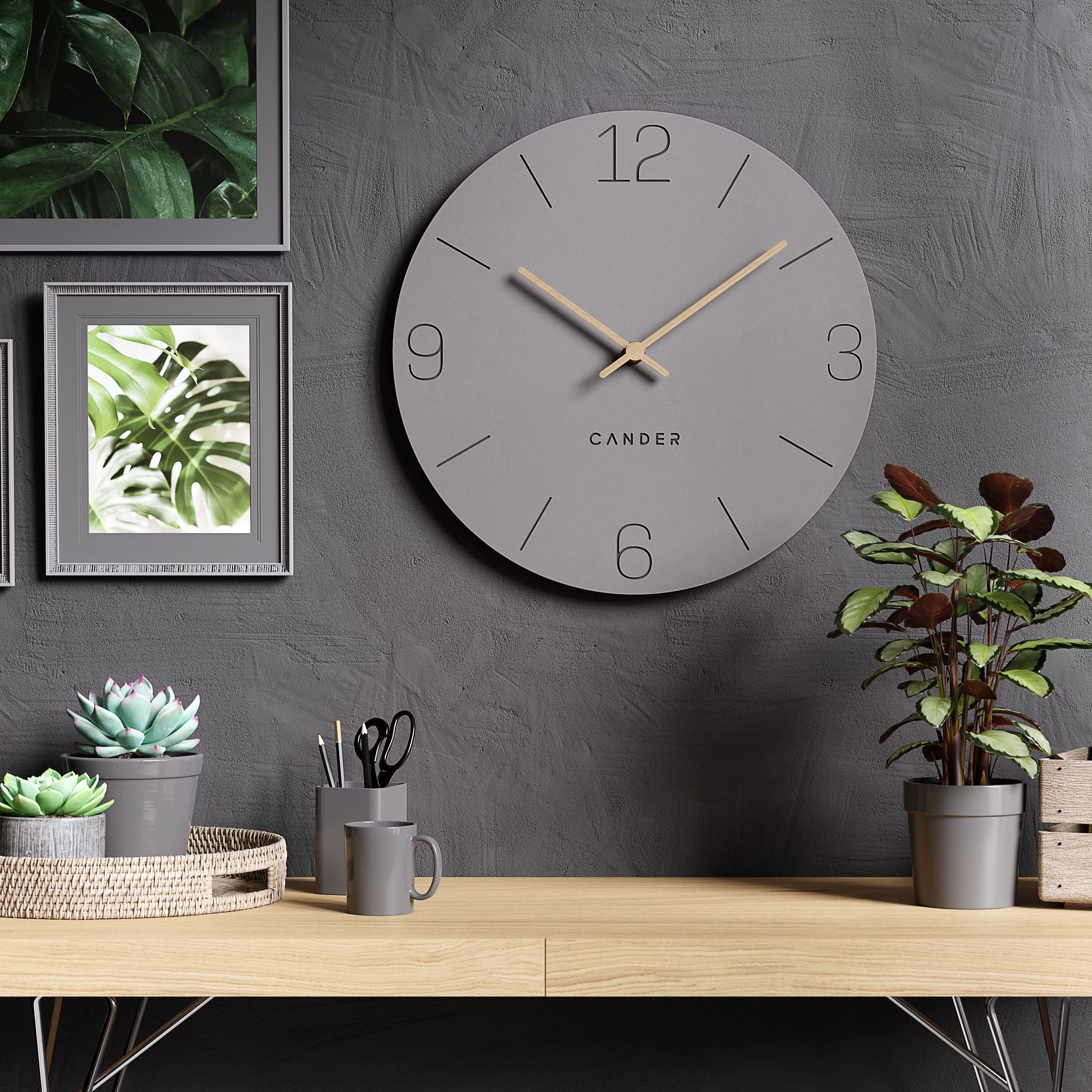 Cander Berlin MNU 2550 G XXL wandklok, geruisloos, 50 cm, zonder tikken, houten wijzers, analoog, woonkamer, modern, vintage, grijs, groot