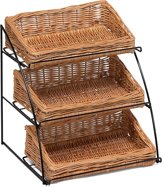 Prestige Wicker Counter Top Display Stand Three Baskets, Wood, Natural, 35 x 20 x 15 cm