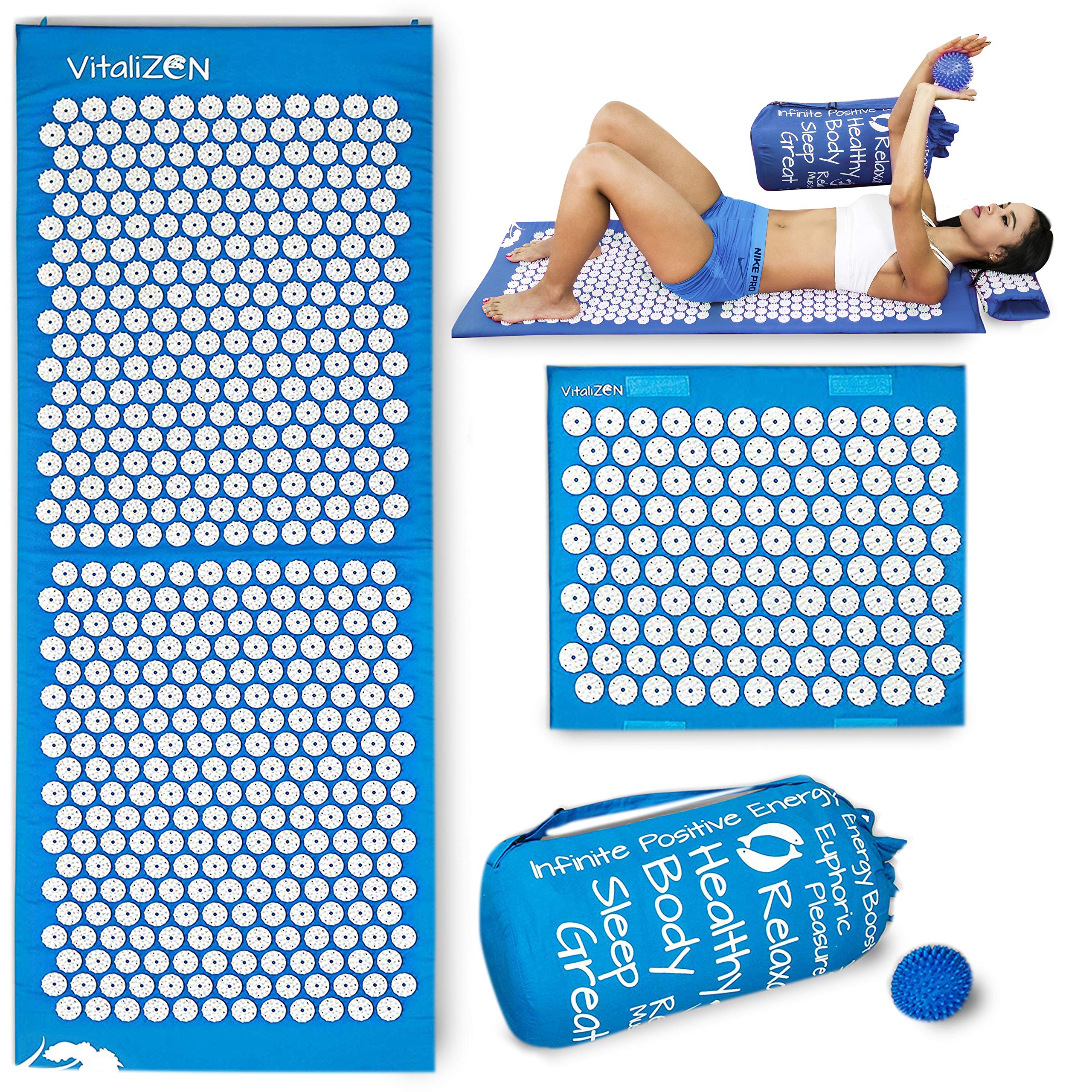 VitaliZEN Extra Long 51" & 12,000 Spikes Acupressure Mat Set for Back Pain Relief and Muscle Relaxation. Free Massage Ball, Travel-Size Mat & Carrying Bag (Blue)