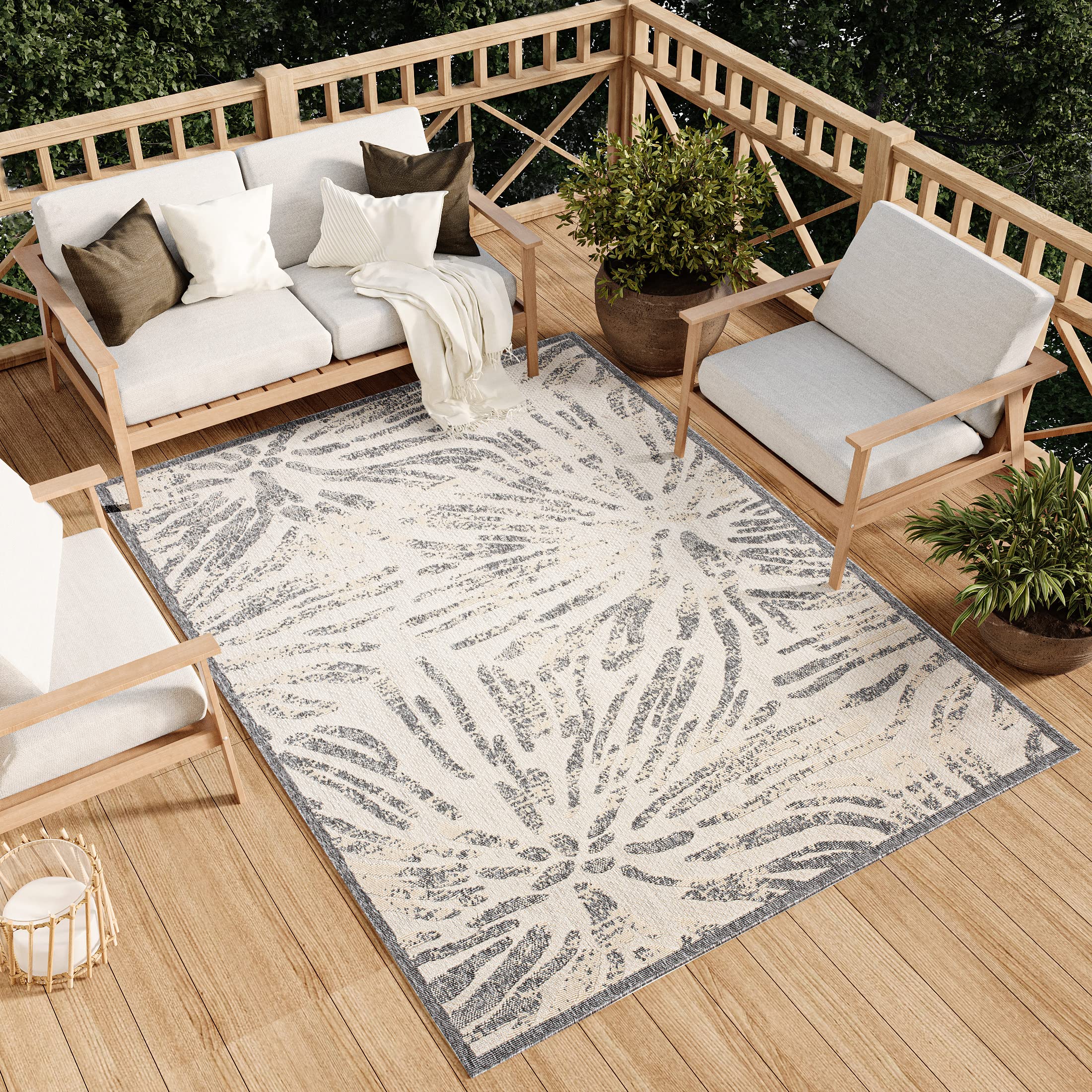 Tapis Extérieur Motif Fleurs Effet 3D Résistant Intempéries - Carpetia Crème Coloré