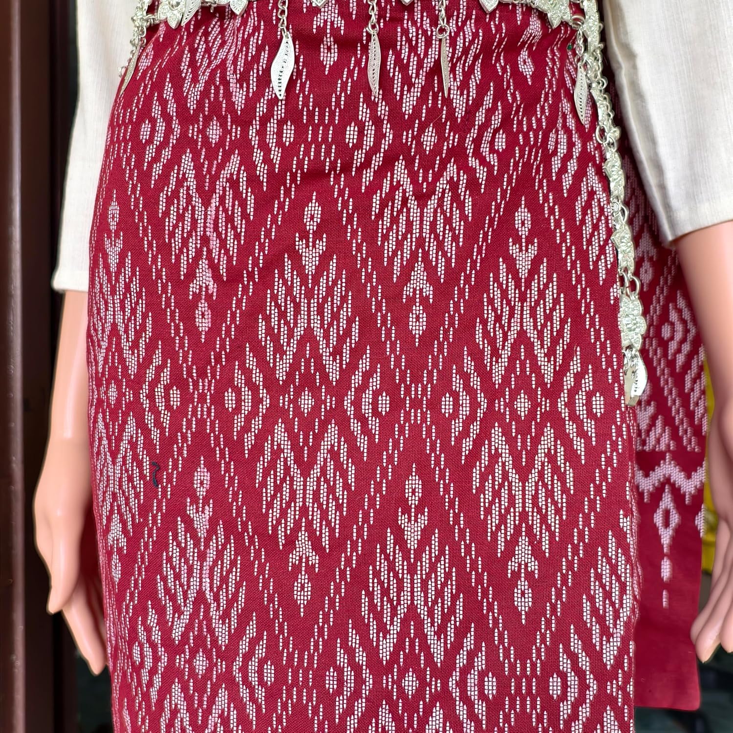 Set Thai Salong+Sabai - Cotton Salong - Free Size -Asian Salong - Lanna Style - Red Color (Shirt is not included)