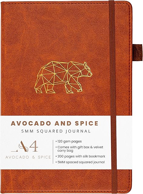 A4 Squared Notebook by Avocado and Spice® Faux Leather Bound Journal with Gift Box & Velvet Bag  Squared Notebook A4 - Square Paper Notebook A4 - 200 Thick Page Grid Notebook (Brown, Squared)
